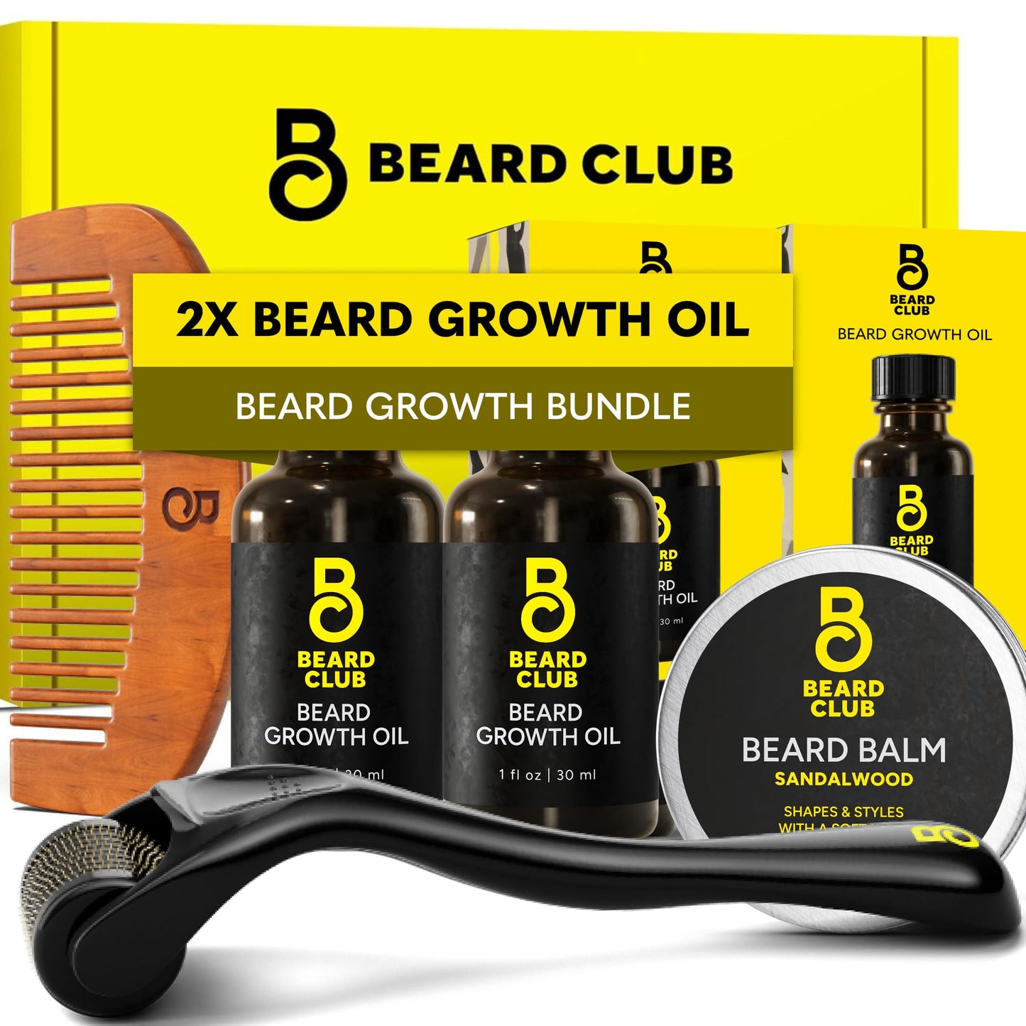 The Beard Club Enhanced Beard Growth Kit - Derma Roller, Beard Growth Oil (2PK), Sandalwood Beard Balm, Comb - Gift Set