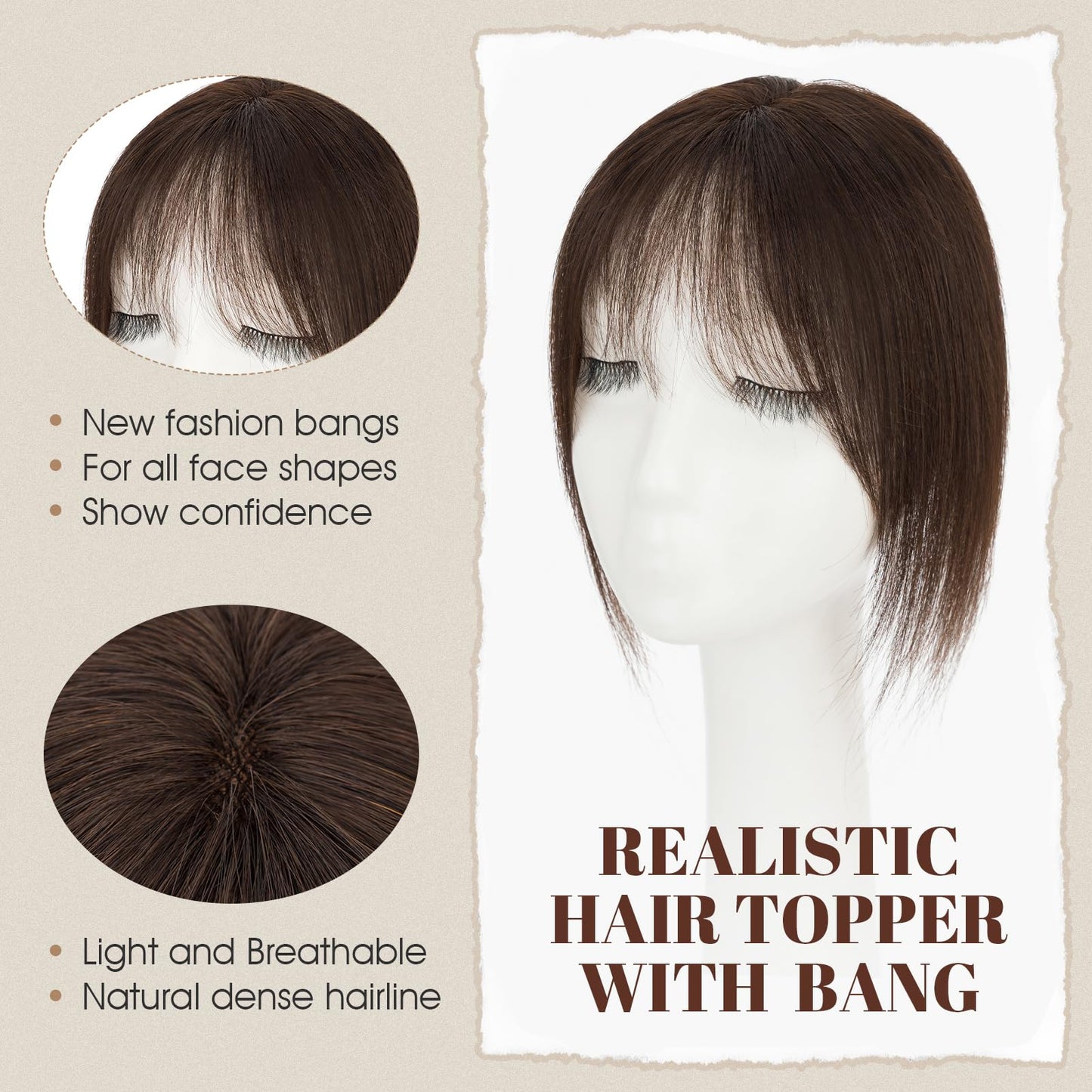 Rich Choices Hair Toppers Real Human Hair for Women 100% Human Remy Toppers With 3D Bang Hair Toppers For Thinning Hair Wispy Air Bang Hairpieces 10 Inch #06 Light Brown