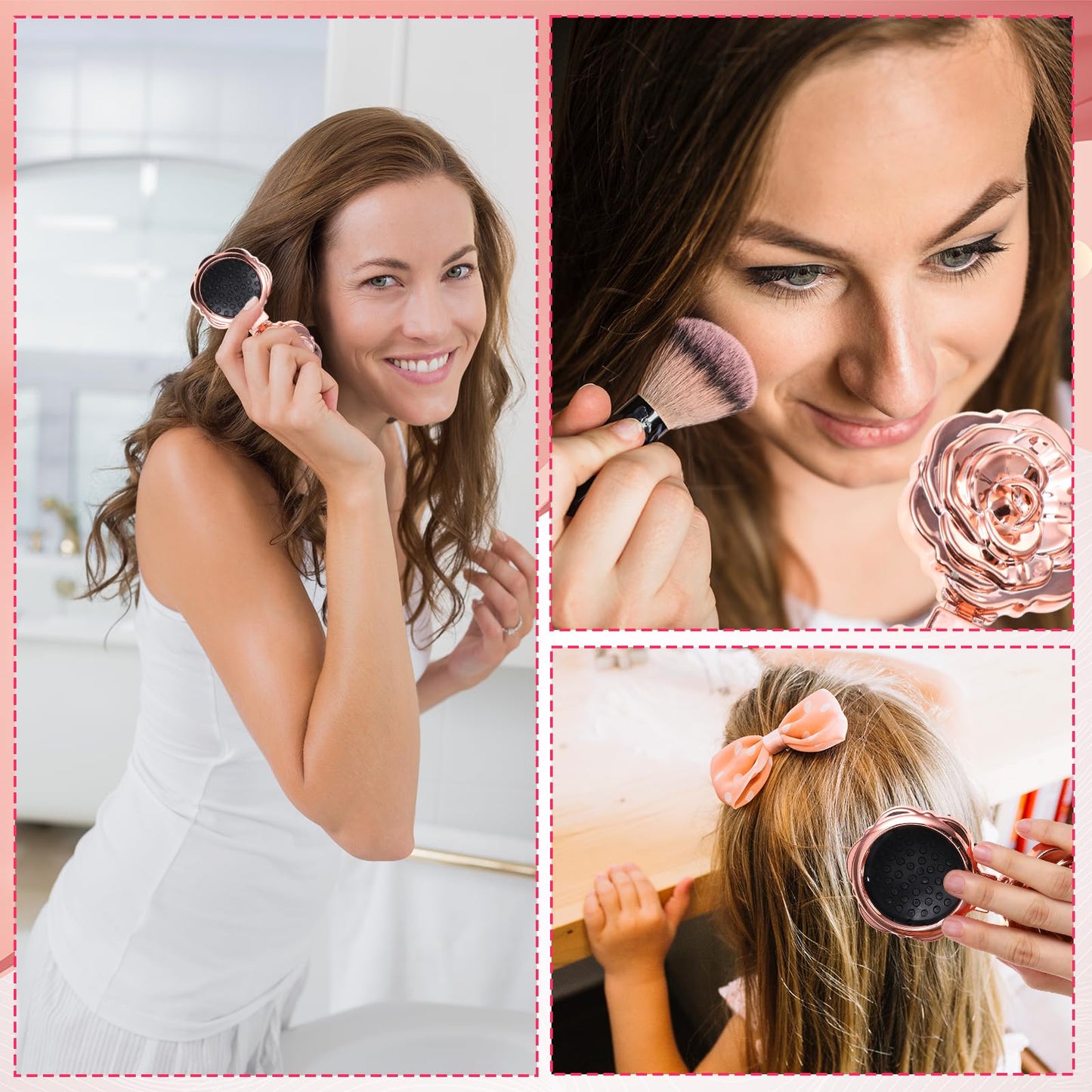 Matwsec 2 Pcs Folding Hair Brush for Women, Rose Gold Small Hair Brush for Purse, Compact Mini Hairbrush with Mirror, Portable Pocket Travel HairBrush for Women Girls Stocking stuffers