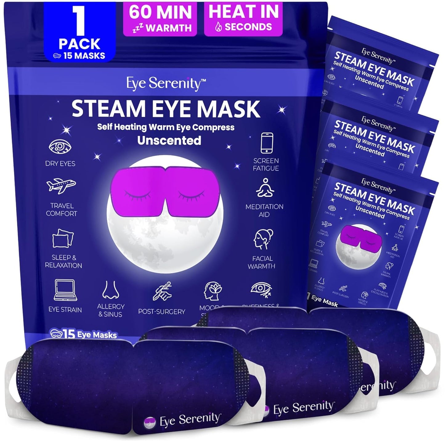 Heated Eye Mask - Eye Serenity Steam Mask for Dry Eyes | Moist Heat Relief for Styes & Puffiness - Lavender