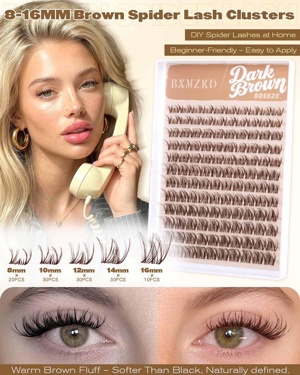 Brown Spider Lash Clusters - Natural Fluffy Eyelash Extensions | 8-16MM Wispy D Curly Dark Brown Lashes for DIY Beginners