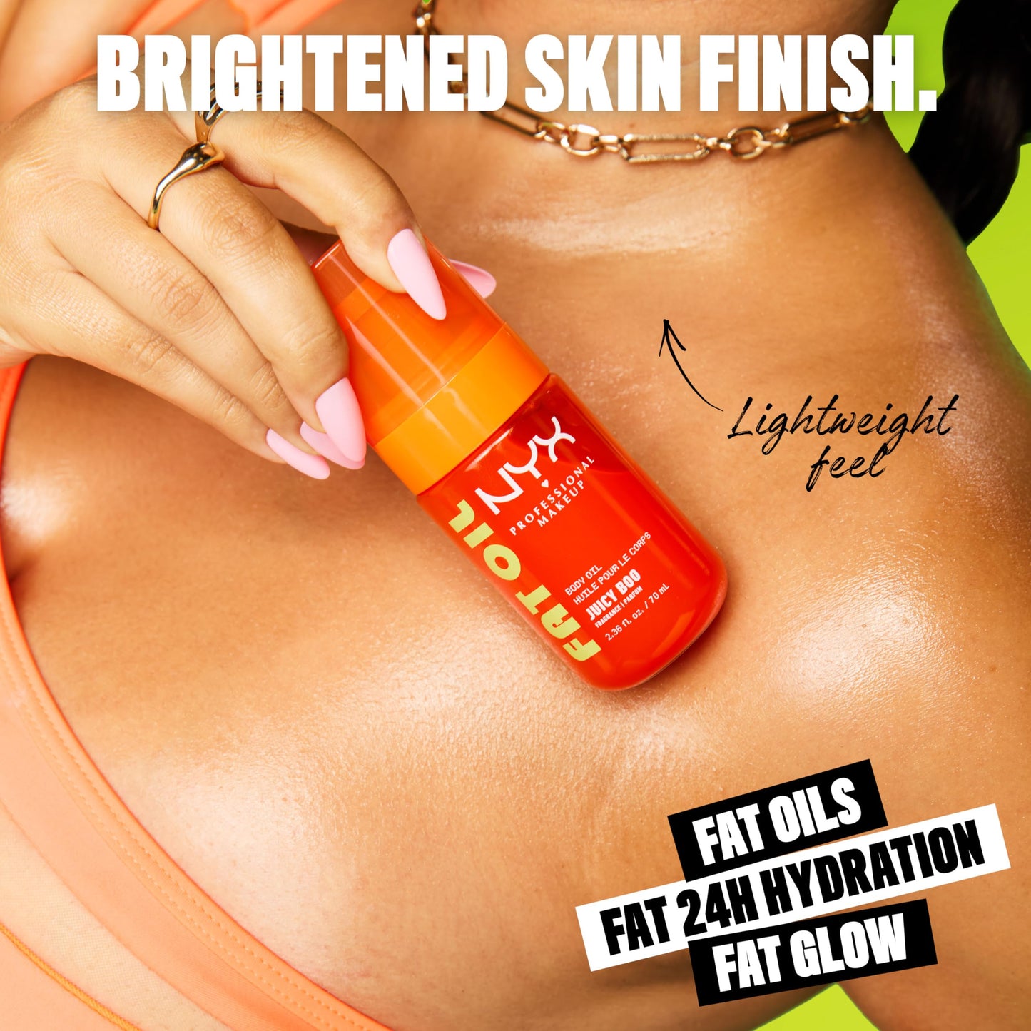 NYX PROFESSIONAL MAKEUP Fat Oil Body Oil in Juicy Boo, Citrus Scented Body Glow Moisturizer With Vitamin E for 24HR Hydration and Glowing Skin, Brightening Finish, Vegan & Cruelty-Free