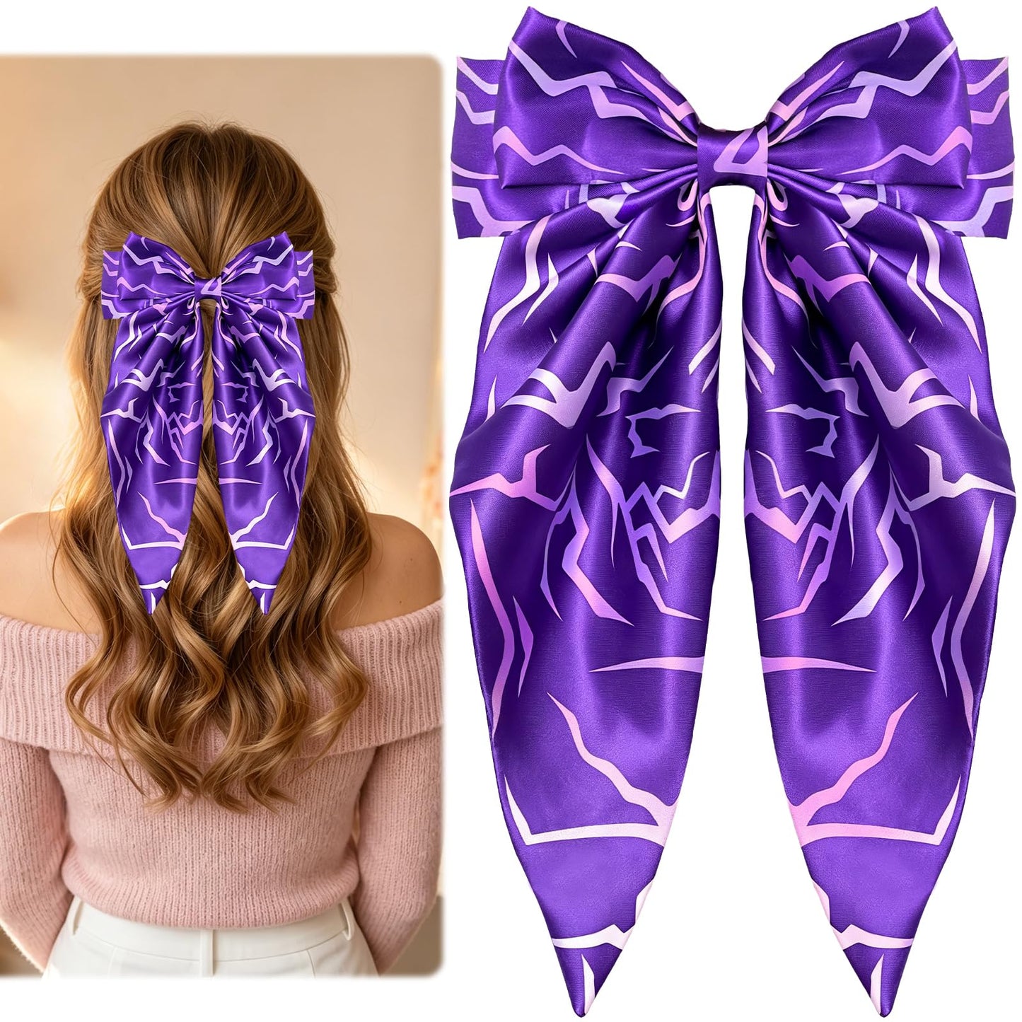K-Style Demon Movie Hunters Hair Bows,Purple Demon Energy Hair Accessories for Girls, Oversized Hunters Satin Hair Bow Clips, Long Tail Silky Hair Ribbon Clips for Women Girls Fans