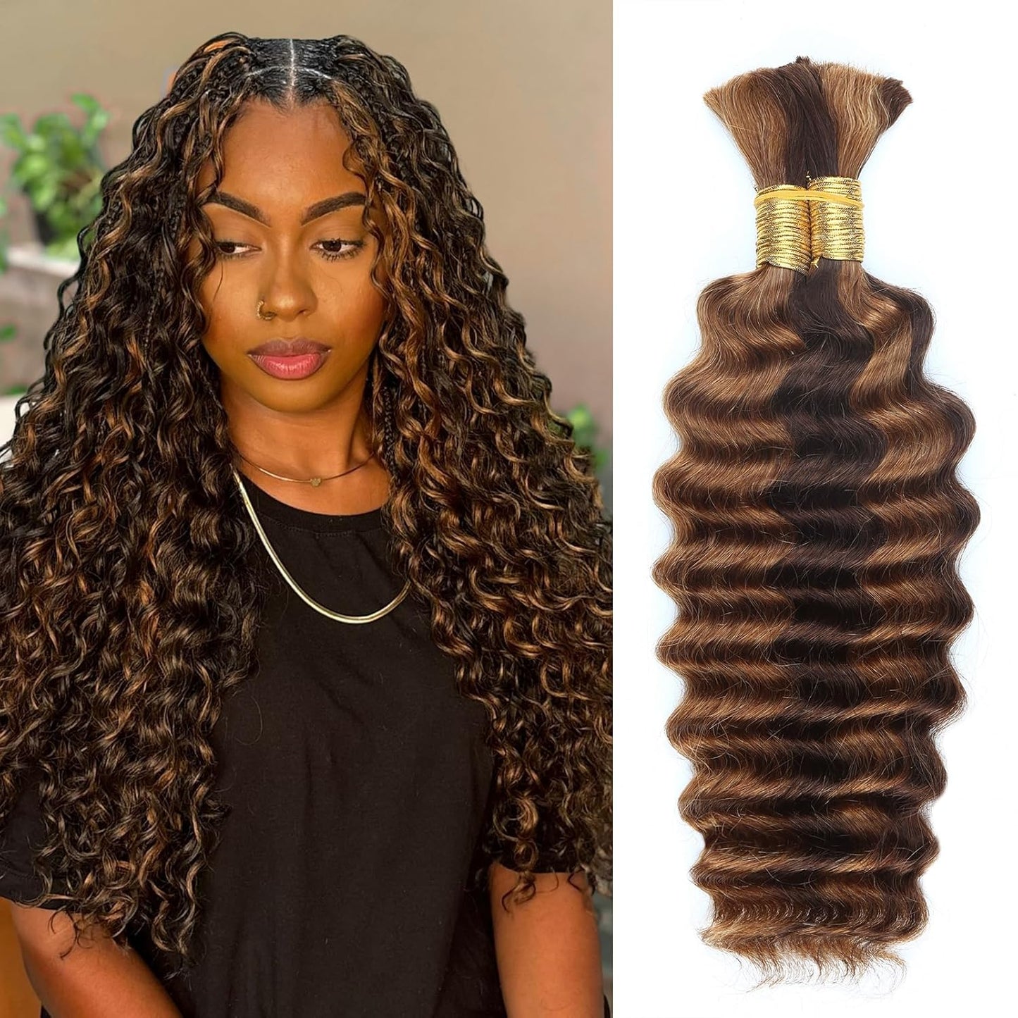 Human Braiding Hair - 14 Inch Ombre Highlight Deep Wave Bulk Extensions | Curly Bundles for Knotless Braids (4/27)