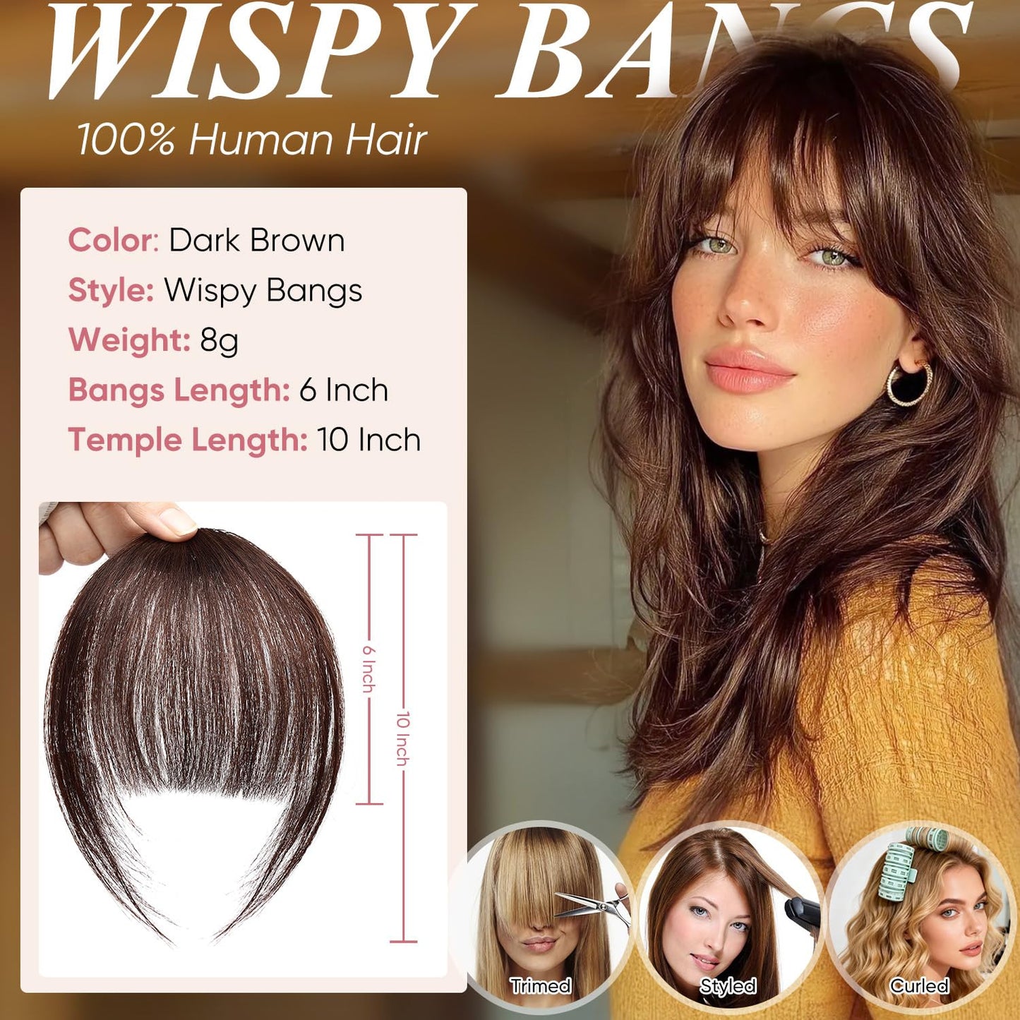 Clip In Bangs - 100% Real Human Hair Extensions | Wispy Dark Brown Fringe for Women