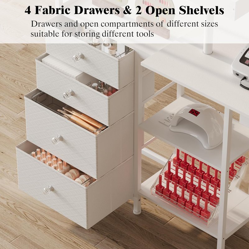 L-Shaped Manicure Table - Rotating Nail Workstation with Drawers & Charging Station | White