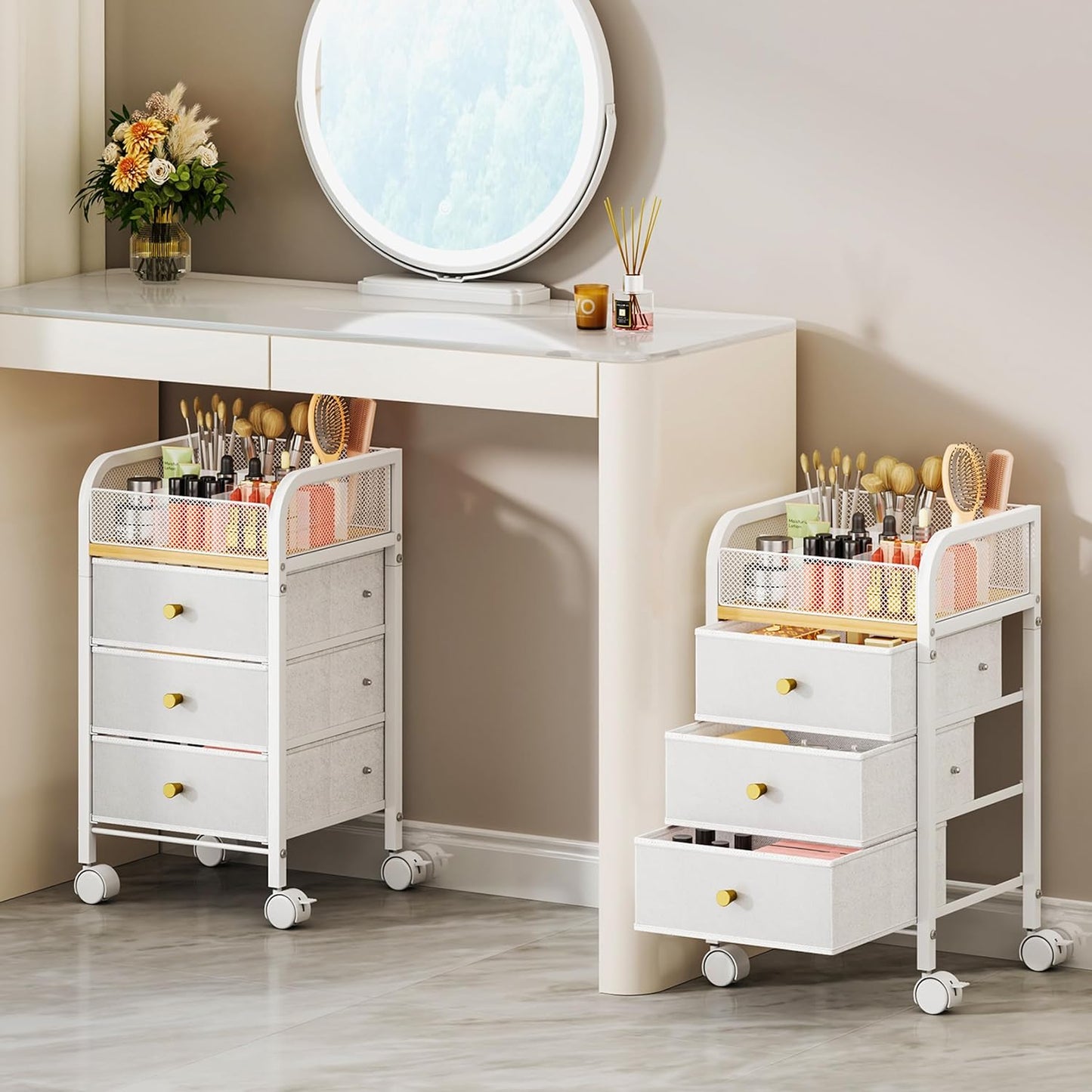 Rolling Makeup Organizer Cart - Under Desk Vanity Storage with 3 Drawers | Cosmetic Display & Nail Tool Cabinet