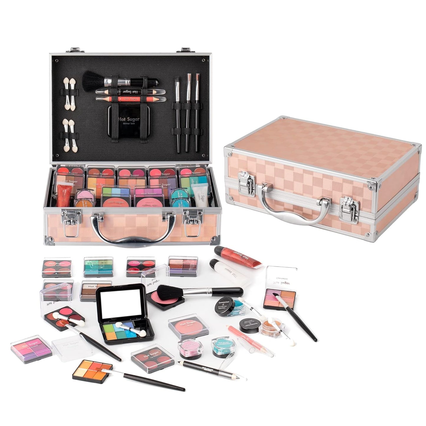 Makeup Kit for Teen Girls - Complete Starter Cosmetics Set with Eyeshadow, Lip Balm, Blush, Gloss & Mirror | Gold Check