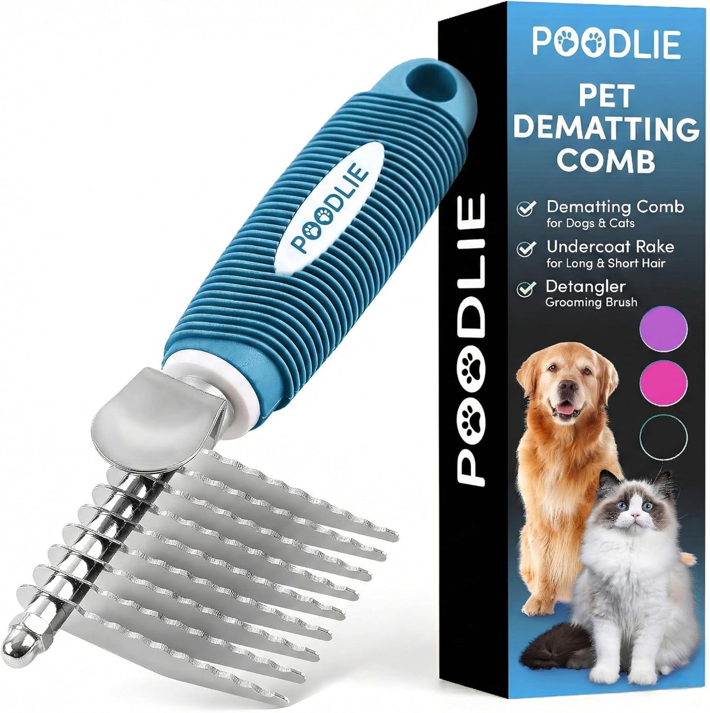 Poodle Dematting Fur Rake Comb - 2.5" Steel Blades for Dogs & Cats | Detangle Matted Undercoat Hair