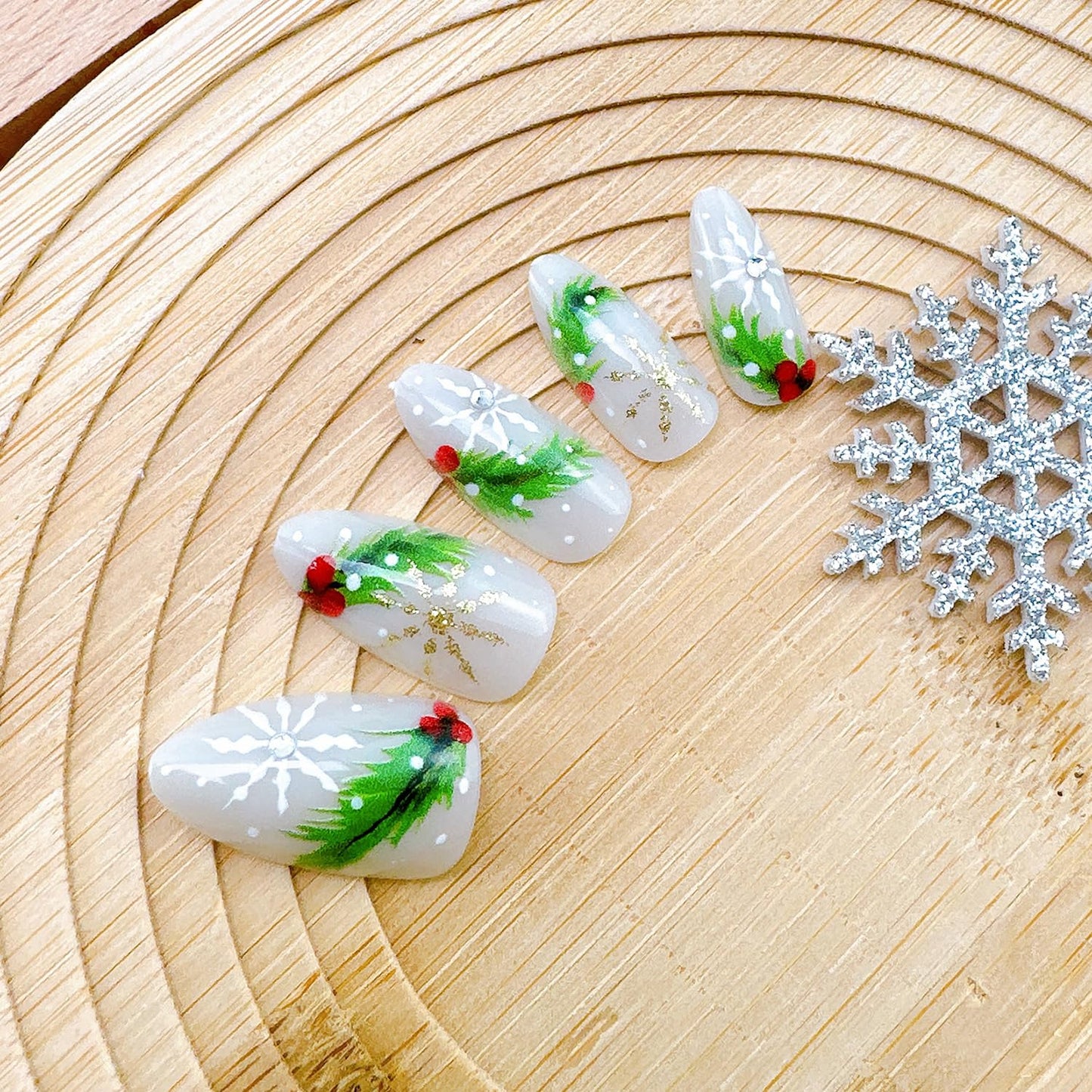 Christmas Press-On Nails - Medium Almond Winter Snowflake Design | 24 Pcs Acrylic Full Cover with Diamond Accents