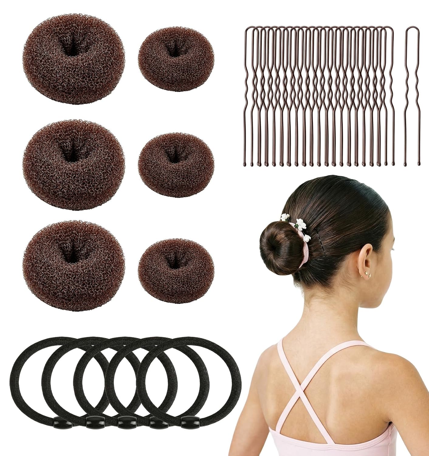 Small Hair Donut Bun Maker Set - 6 Pcs Firm Hold Chignon Ring for Thin Hair | Includes 5 Hair Ties & 20 U Pins - Beige