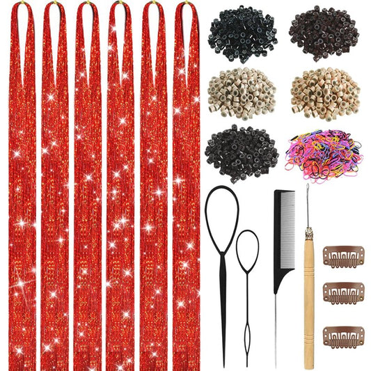 Hair Tinsel, Hair Tinsel Kit for Girls 1800 Strands Fairy Tinsel Hair Extensions Holographic Hair Tinsel Heat Resistant Colored Hair Glitter Christmas Party Festival (Red)