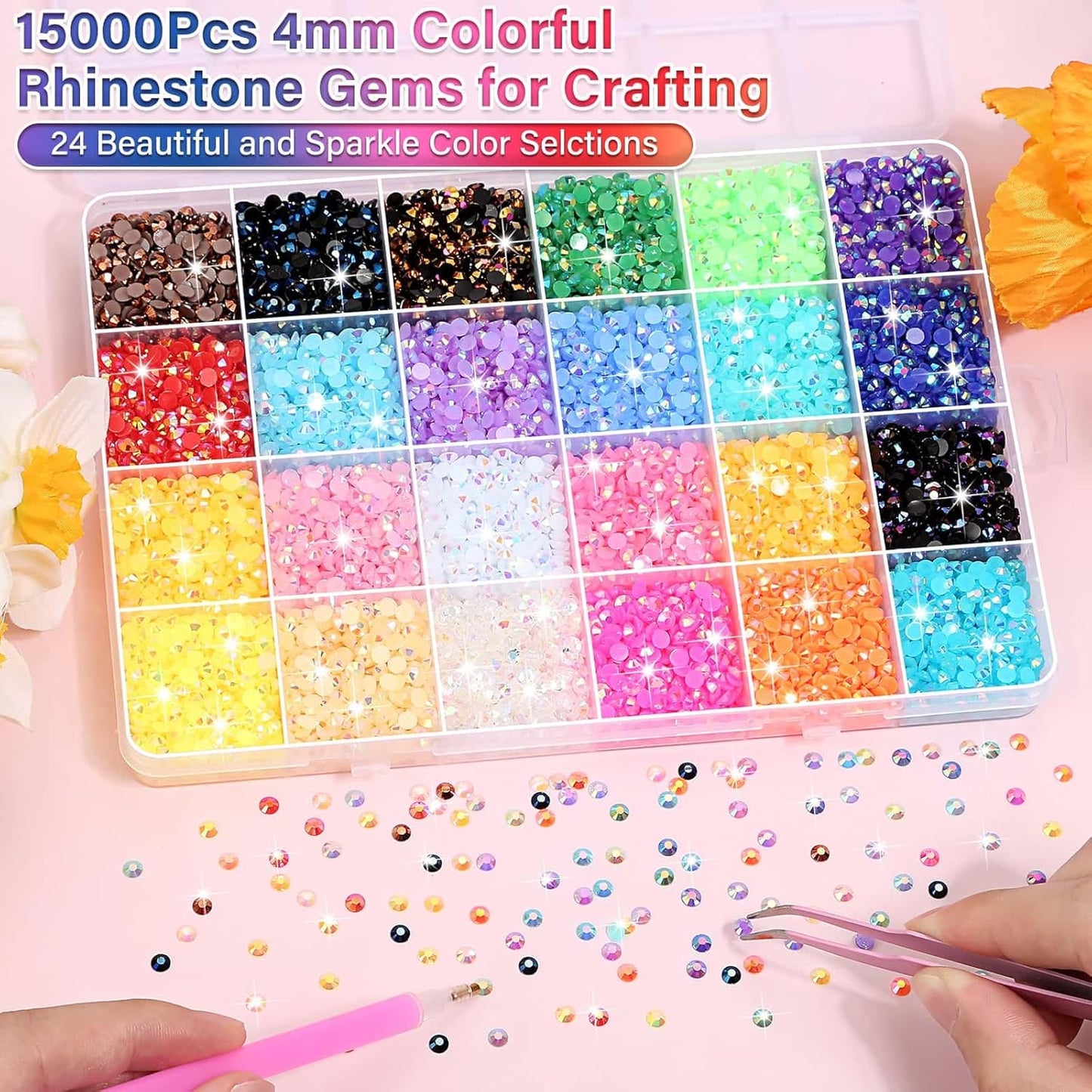 Resin Rhinestones 40000 Pcs - Rainbow Flat Back Gems with B7000 Glue for DIY Crafts | Perfect for Graduation Caps, Clothes, Tumblers, Shoes, Nails