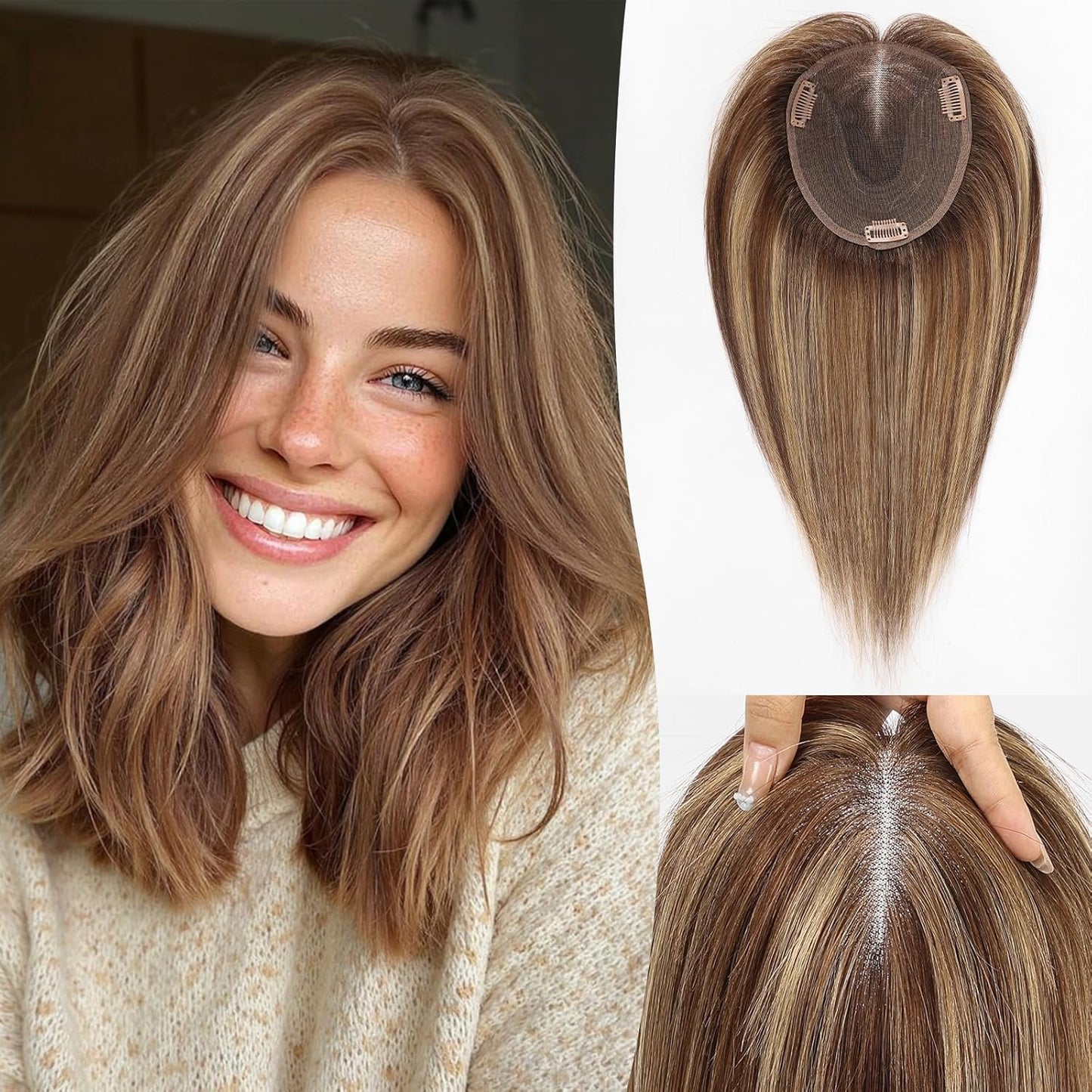 Real Human Hair Toppers for Women - 14-Inch Mixed Brown with Bangs | 6" x 5" Swiss Lace Base