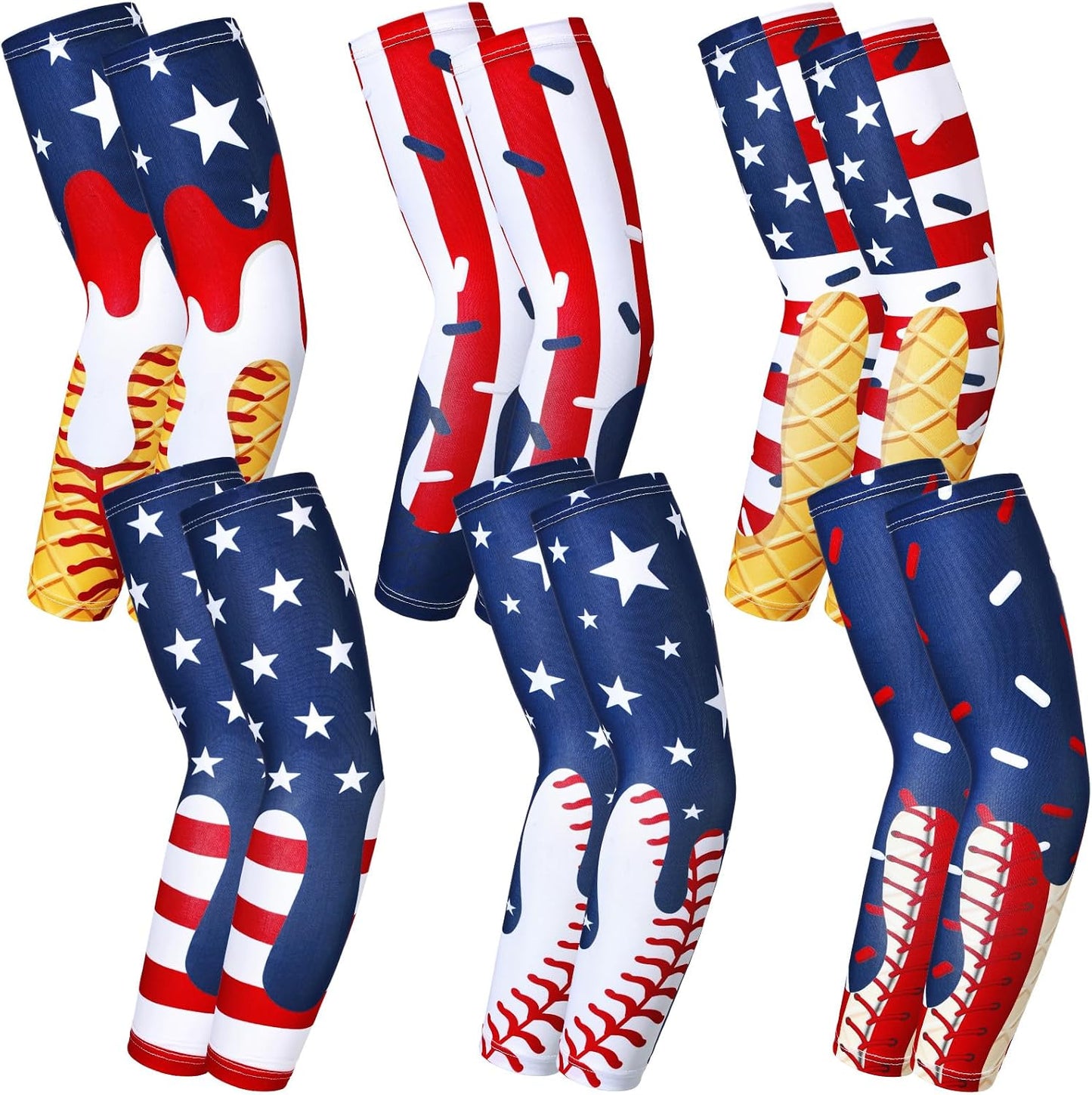 Ice Cream Drip Baseball Arm Sleeves - Youth Sun Protection | 6 Pairs, American Flag Design
