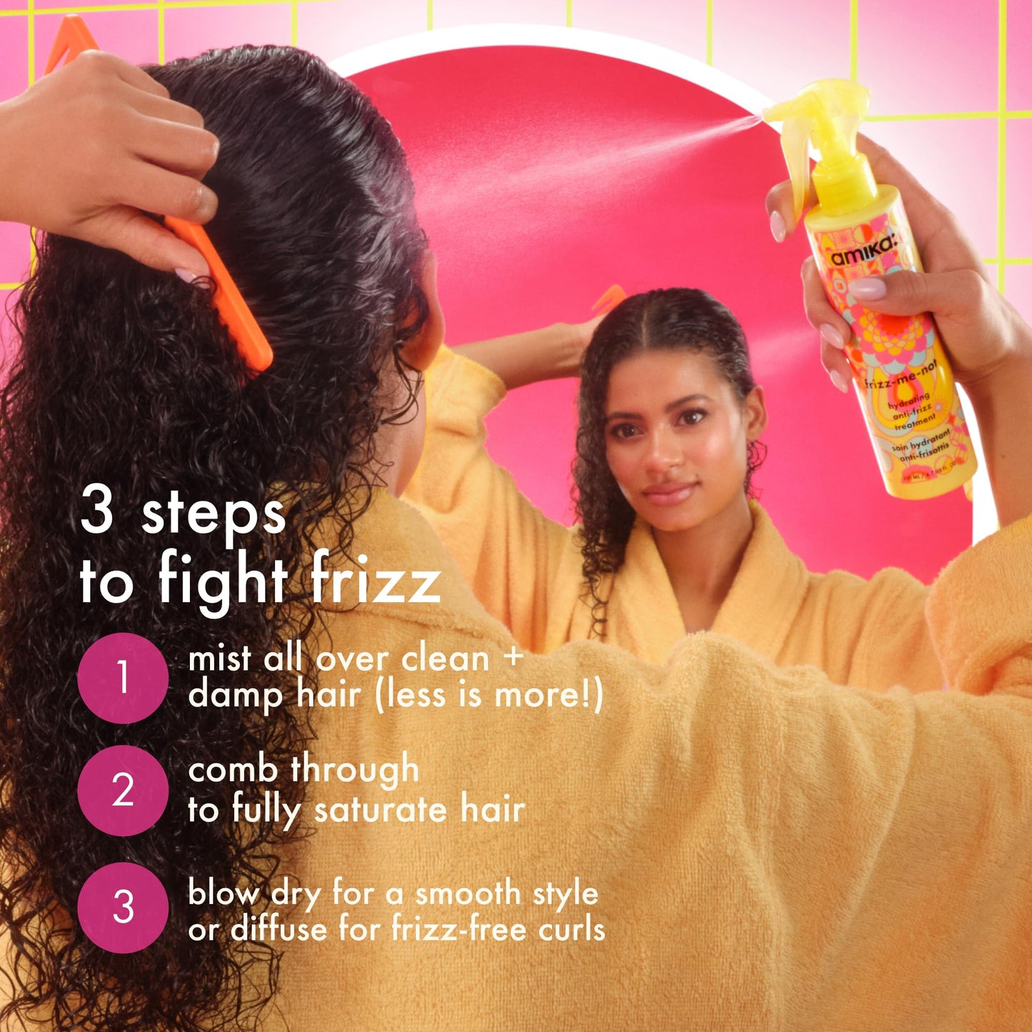 amika frizz-me-not hydrating anti-frizz treatment, 60ml | lightweight hydrating spray for medium to thick coarse hair types 2a-4c, humidity + heat protection, smooth frizz for up to 72 hours