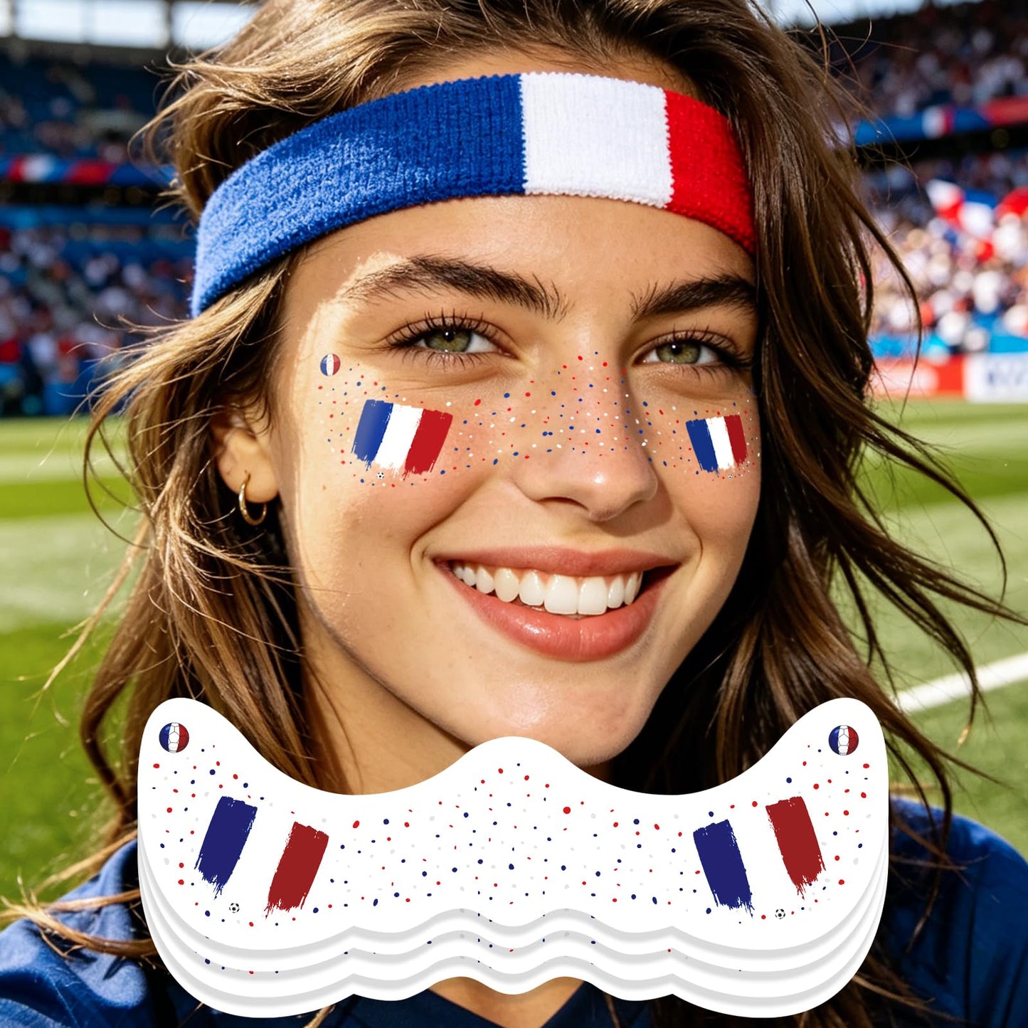 VXZ Blue White Red Soccer Fan Freckles Face Tattoo - Tricolor Vertical Flag Temporary Tattoos | Waterproof Sports Sparkle Stickers for Football Matches & Game Day Celebrations (8 Sheets)