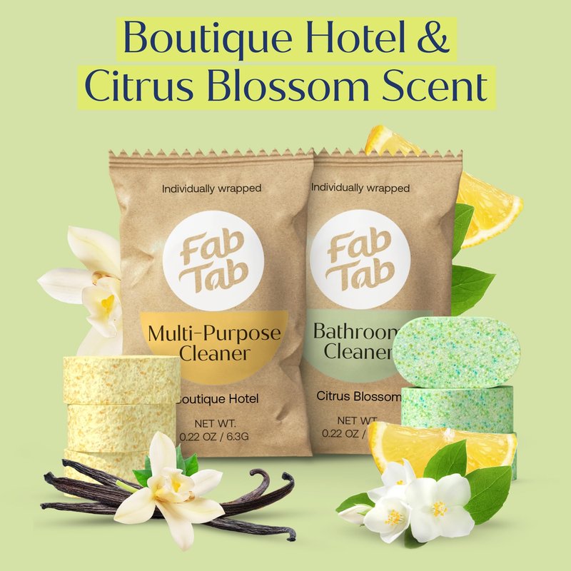 Fab Tab Tablet Cleaner, Multi-Purpose & Bathrom Cleaner for Eco-Concious Cleaning, Non Harmful & Chemical-Free Formula, Convenient Refills with 2 Glass Bottles, Luxury Hotel Scent (6 Refill Tablets)