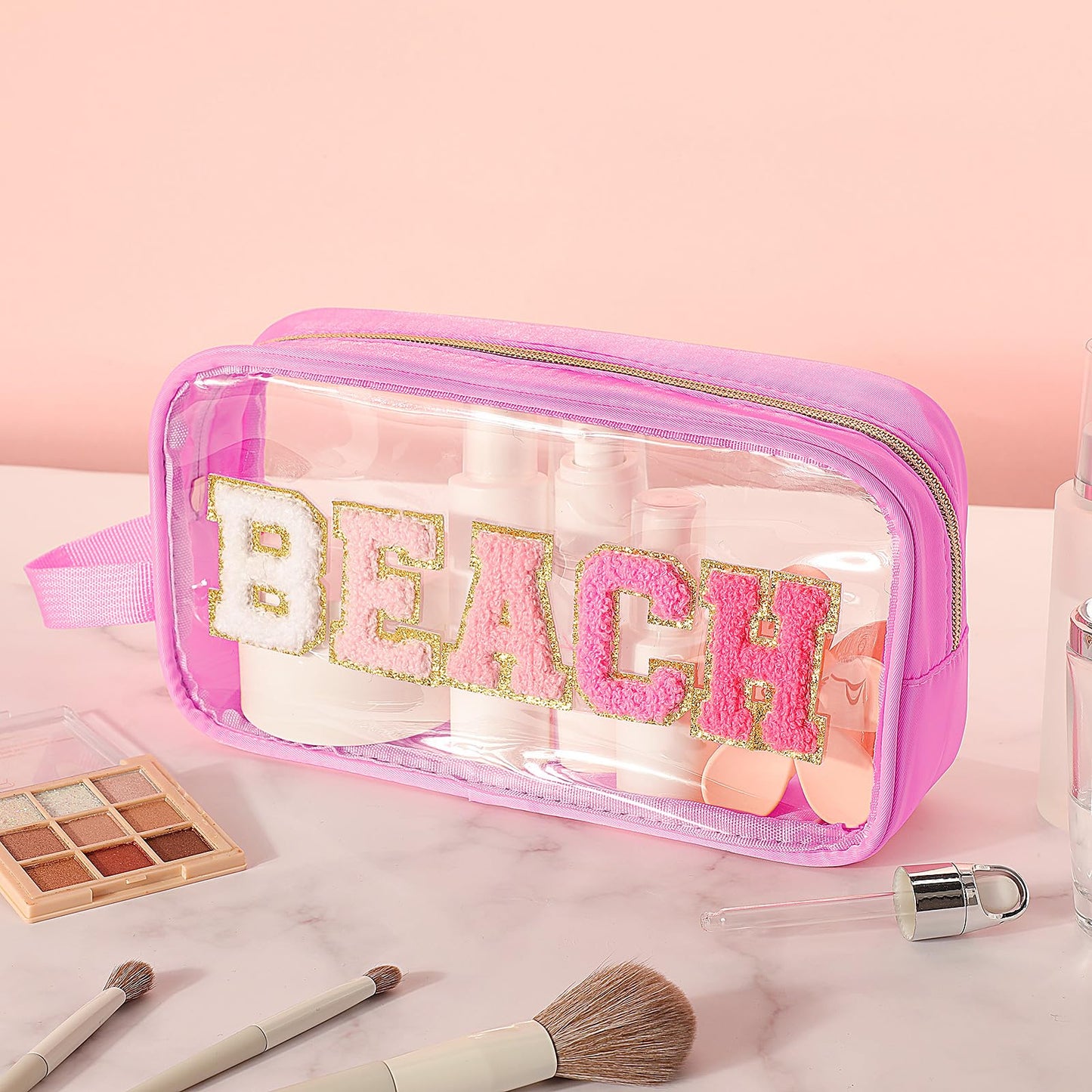 Kacctyen Letter Clear Makeup Bags Beach Pouch Pink Preppy Patch Clear Travel Bag with Handle Chenille Nylon Cosmetics Waterproof Sandproof Bags Toiletry Storage Snack Sunscreen Pouch for Women