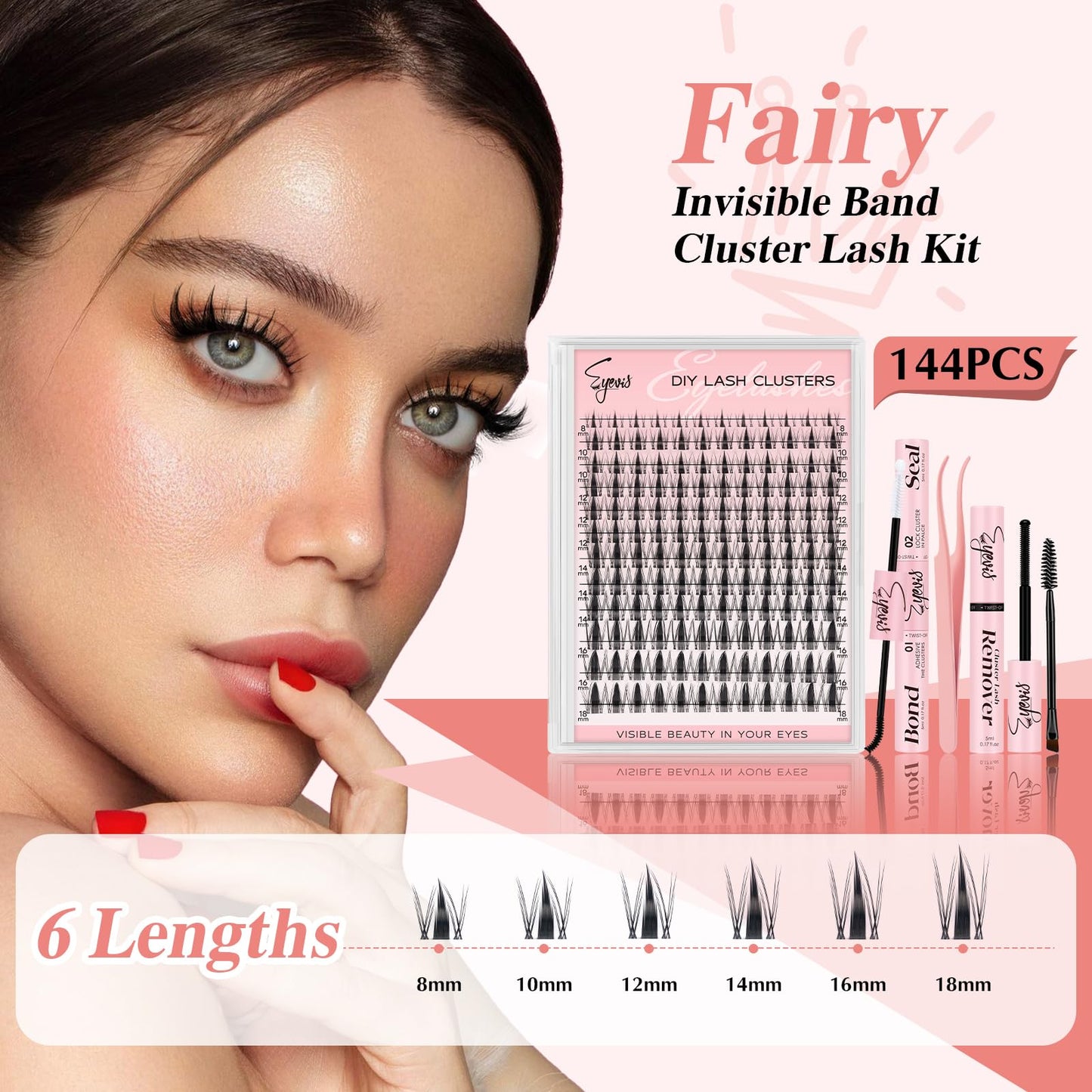 EYEVIS Fairy Lash Clusters Kit 144PCS Ultra-Thin Invisible Band Lash Extension Kit 8-18mm Manga Eyelash Extension Kit C Curl Lash Clusters Wet-Look Anime DIY at Home （Fairy Kit,8-18mm）