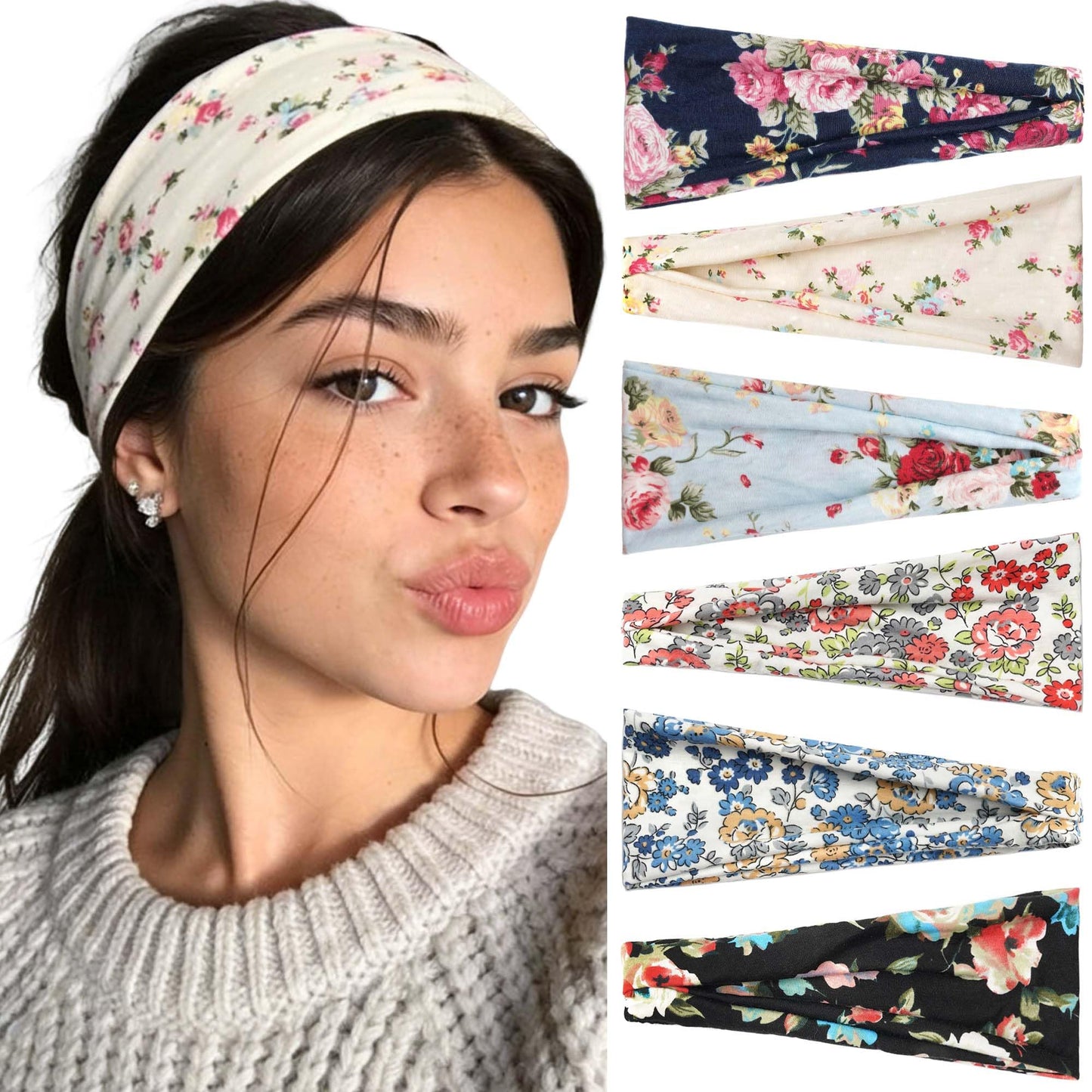 FARSYOD 6 Pack Headbands For Women Boho Headband Floral Wide Hair Bands Soft Sweat Band Fashion Head Band Workout Yoga Bandana Hairband Elastic Easter Hair Accessories