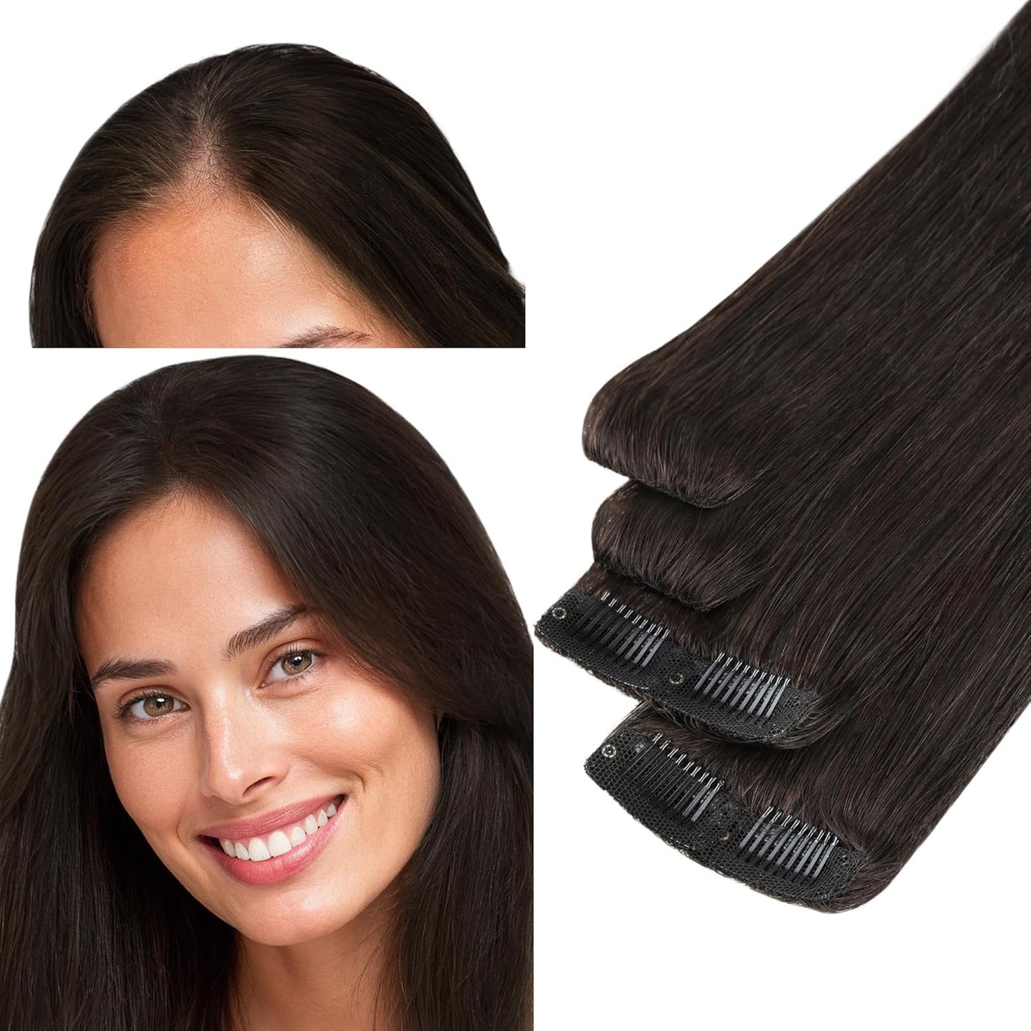 Scalp Hair Fill Ins - Clip-In Human Hair Extensions for Thinning Hair | 18-Inch Balayage 4/27/4 Chocolate Brown to Caramel Blonde, 30g, 4 Pcs