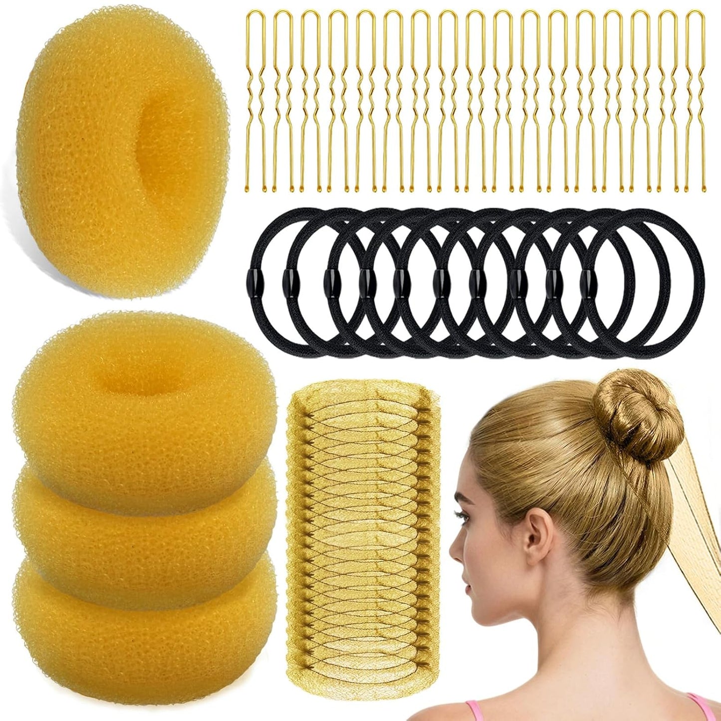 Hair Bun Maker Kit - 134 Pcs Set with 4 Bun Pieces, 20 Hair Nets, 100 Bobby Pins & 10 Hair Bands for Ballet Styling