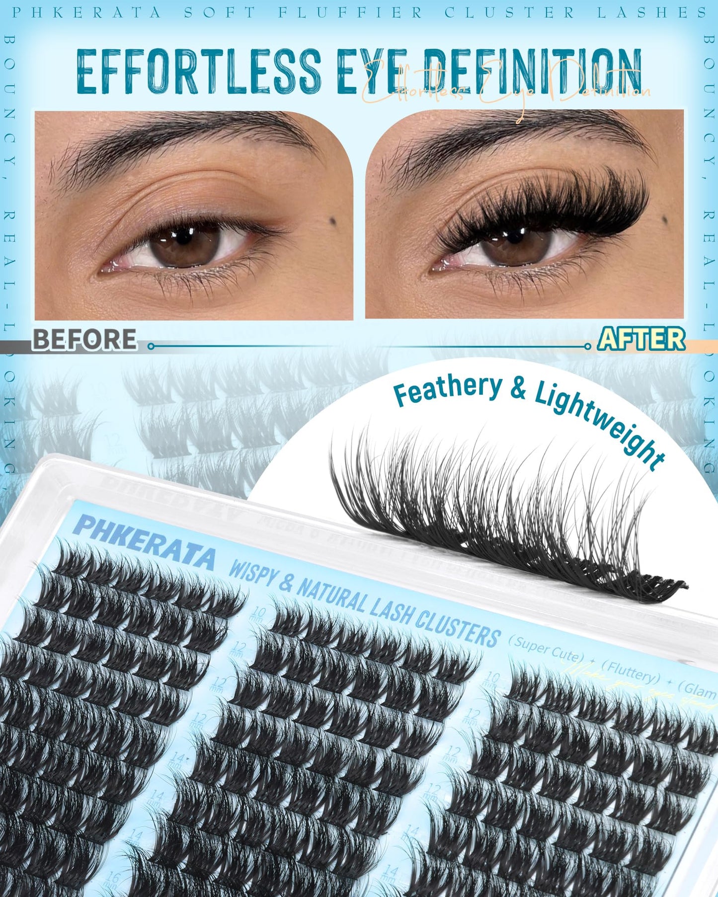 PHKERATA Fluffy Lash Clusters Wispy Eyelash Clusters Natural C Curl Cluster Eyelash Extensions Volume Individual Lashes DIY Eyelash Extension with Soft Thin Band, 10-16mm