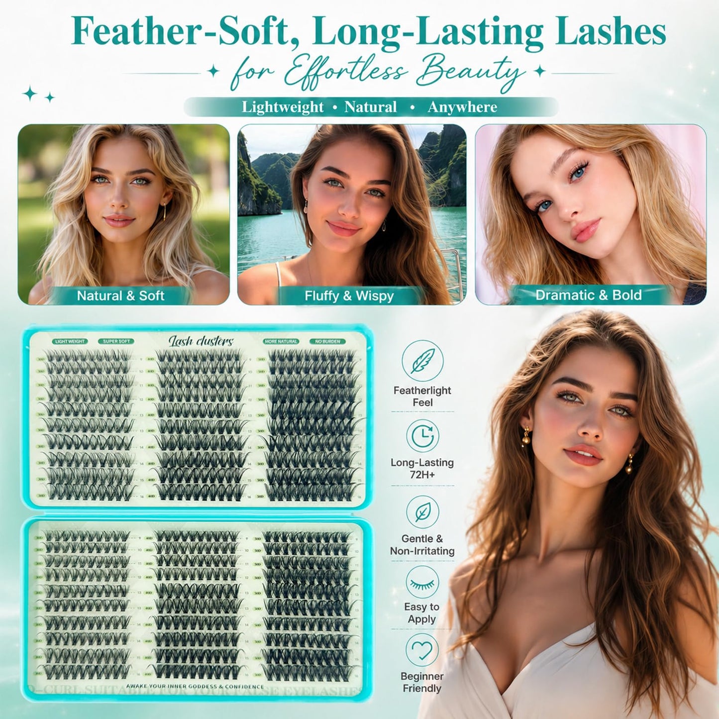 Lash Clusters Kit, 600 Pcs Eyelashes Lash Clusters D Curl 9-16mm, Individual Fluffy False Eyelashes Extensions with Tools, Perfect for Daily Wear and Dating (30D+40D+50D Kit)