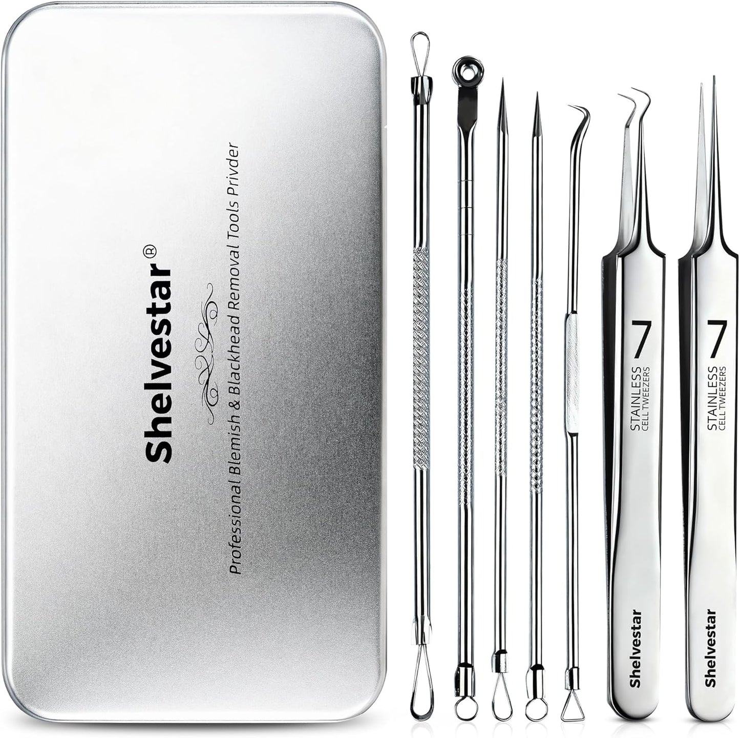Pimple Popper Tool Kit - 7 PCS Professional Stainless Steel Blackhead Remover | Comedone Extractor Tools for Face - Silver