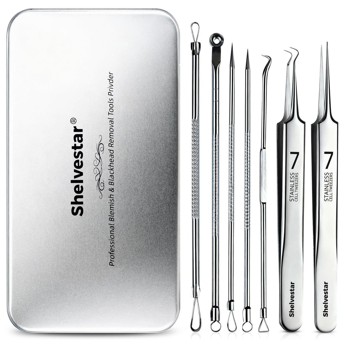Shelvestar Pimple Popper Tool Kit, 7 PCS Professional Stainless Steel Blackhead Remover Comedone Extractor Tools for Removing Zit on Face - Silver