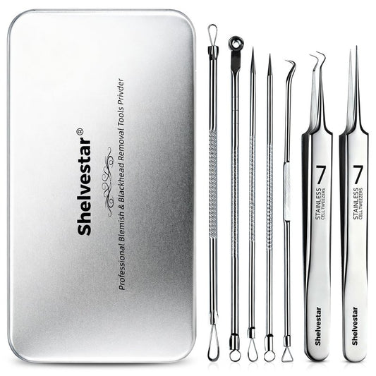 Shelvestar Pimple Popper Tool Kit, 7 PCS Professional Stainless Steel Blackhead Remover Comedone Extractor Tools for Removing Zit on Face - Silver