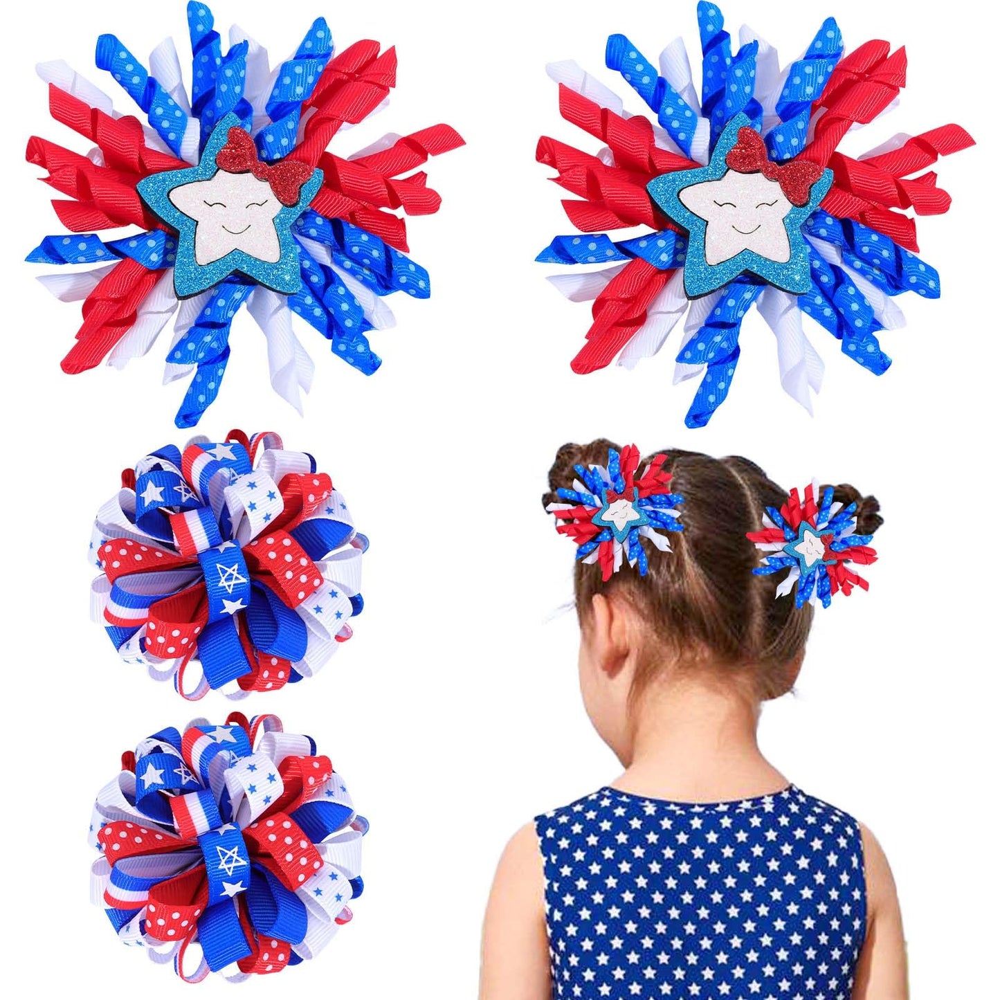 OAOLEER 4th of July American Flag Hair Bow Clips, Blue White Red Grosgrain Ribbon Alligator Bow, Kids Girls Women Hair Accessories For Party Supplies (Blue White Red-B)