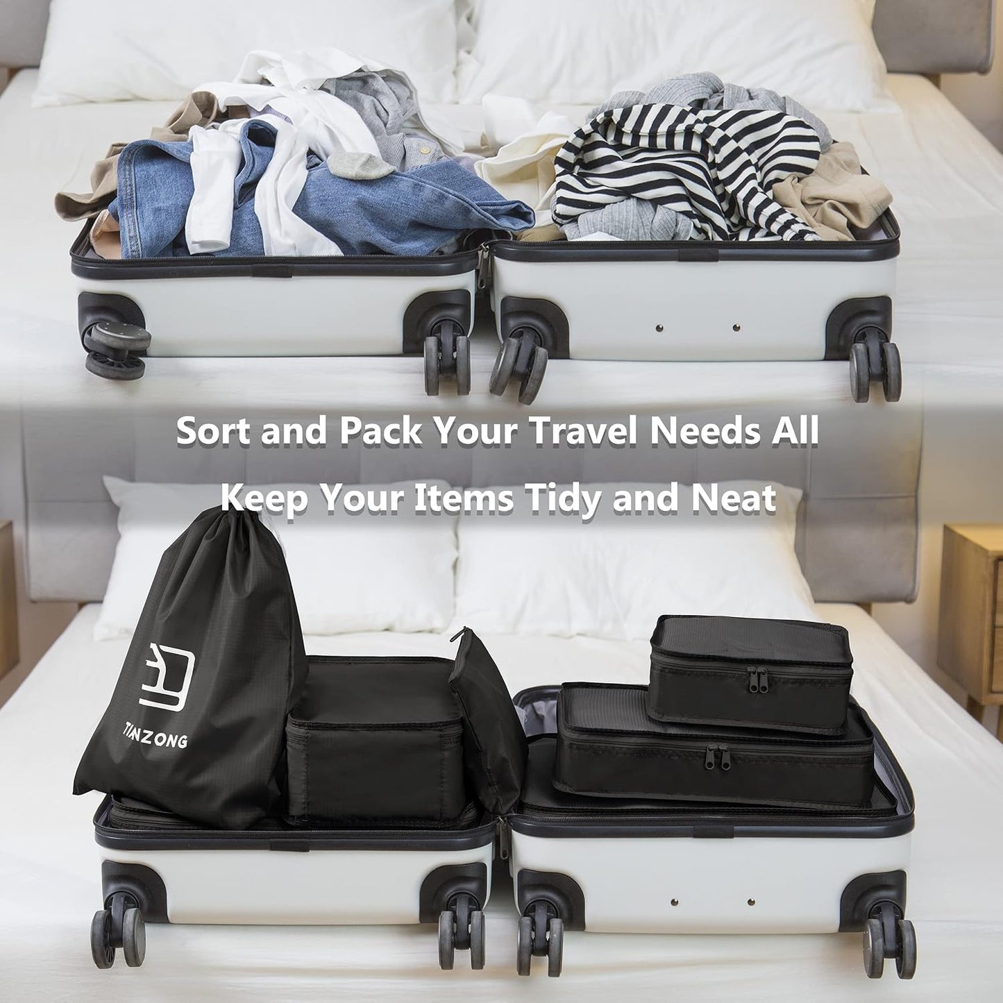 Packing Cubes Set - 7-Piece Travel Organizers for Luggage | Includes Shoe Bag - Black