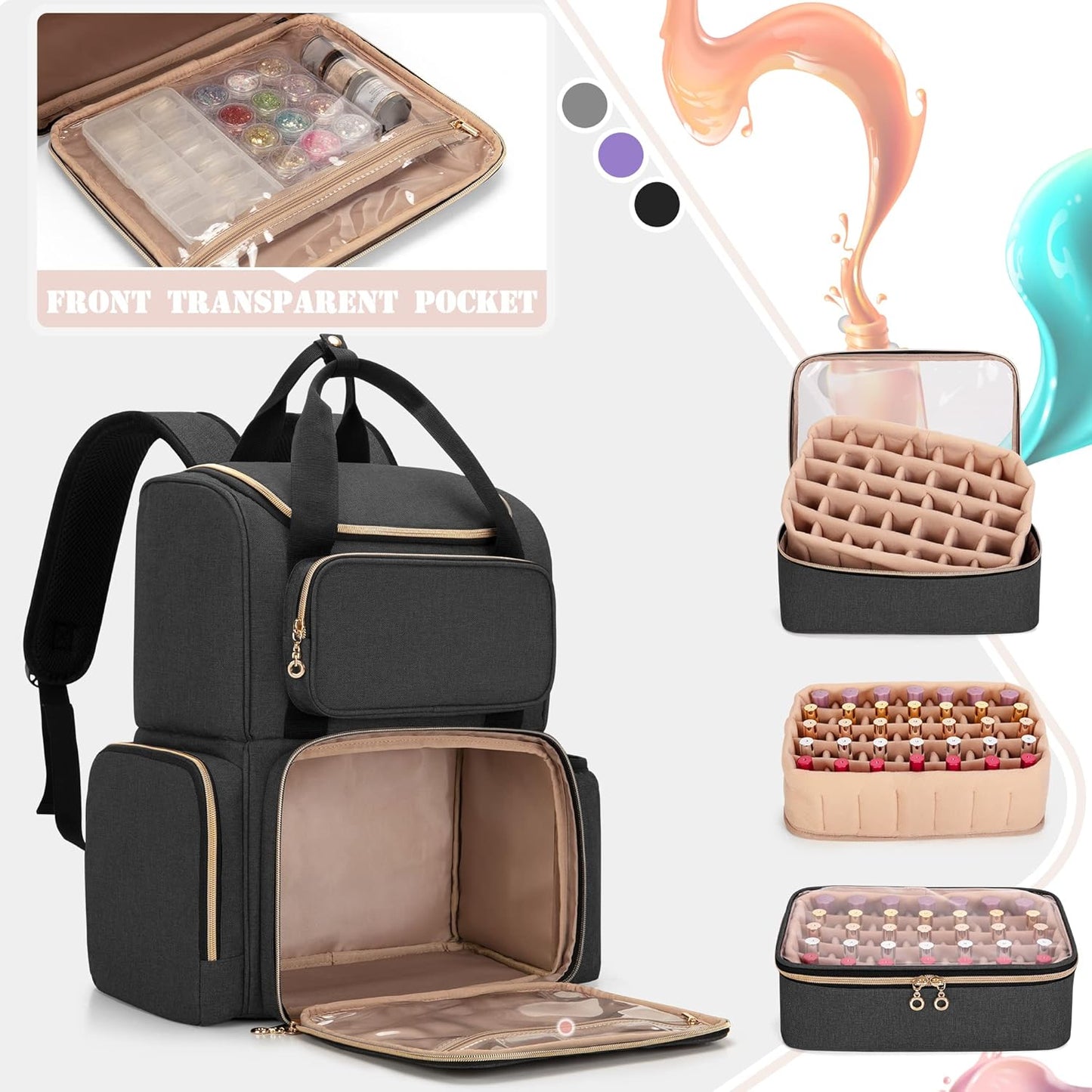 Nail Polish Organizer Backpack - Holds 70 Bottles & Lamp | Travel Bag with Removable Cases & Tool Pockets - Black