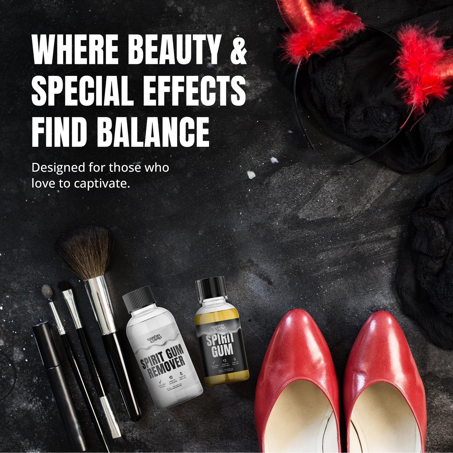 Professional Grade Spirit Gum Adhesive and Remover - SFX Skin Glue Adhesives for Halloween, Cosplay - Vegan Friendly Formulas for Show-Stopping Looks - 30ml and 50ml - Splashes & Spills