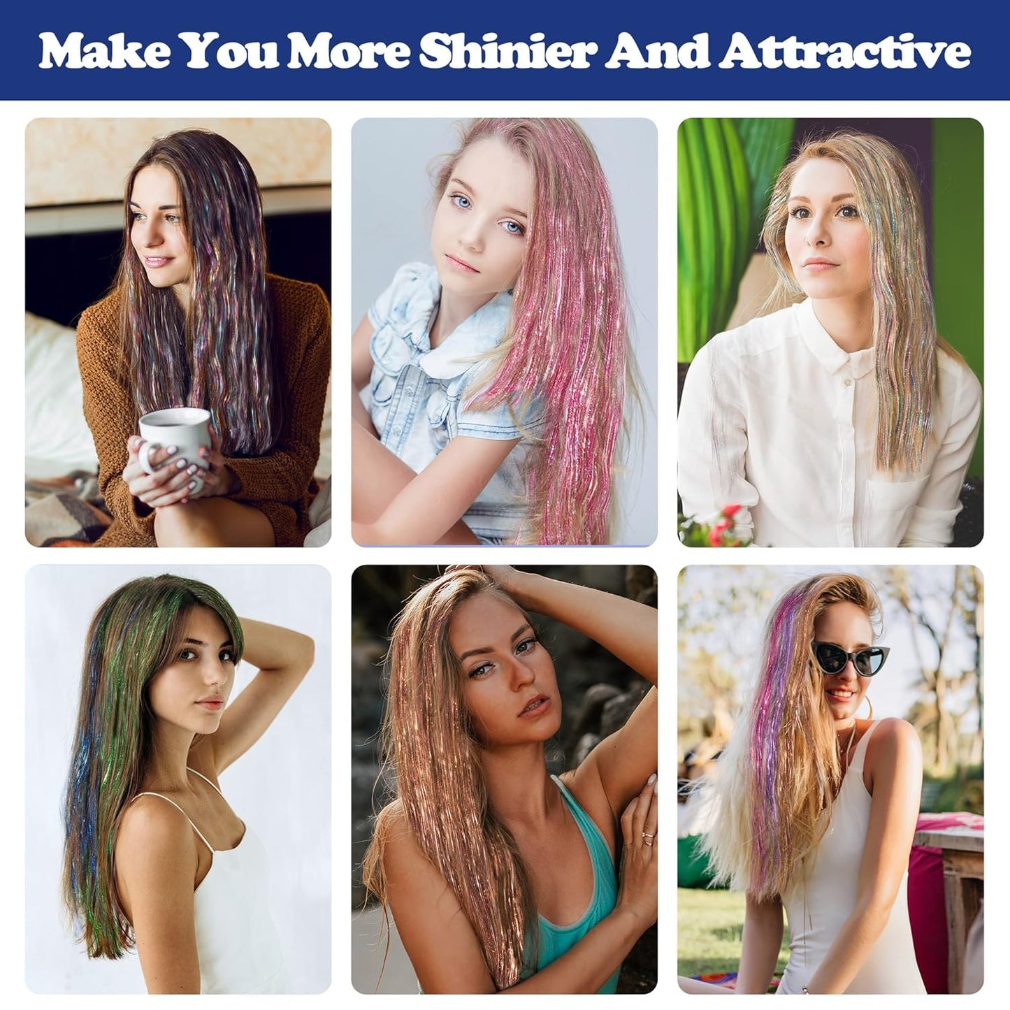 Hair Tinsel Extensions Kit - 48 Inches, 3300 Strands | 16 Color Sparkling Glitter for Cosplay & Parties