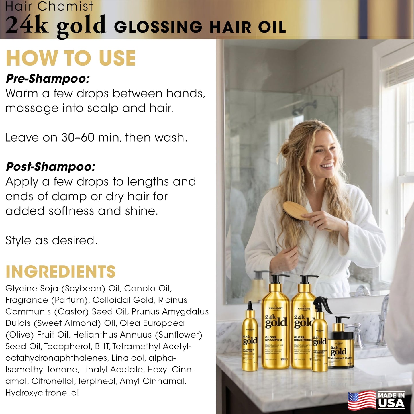 Hair Chemist 24k Gold Glossing Hair Oil 8 Ounce– Lightweight Anti-Frizz Shine Serum for Dry, Damaged Hair – Nourishing & Smoothing Treatment, Non-Greasy, Soft & Silky Finish