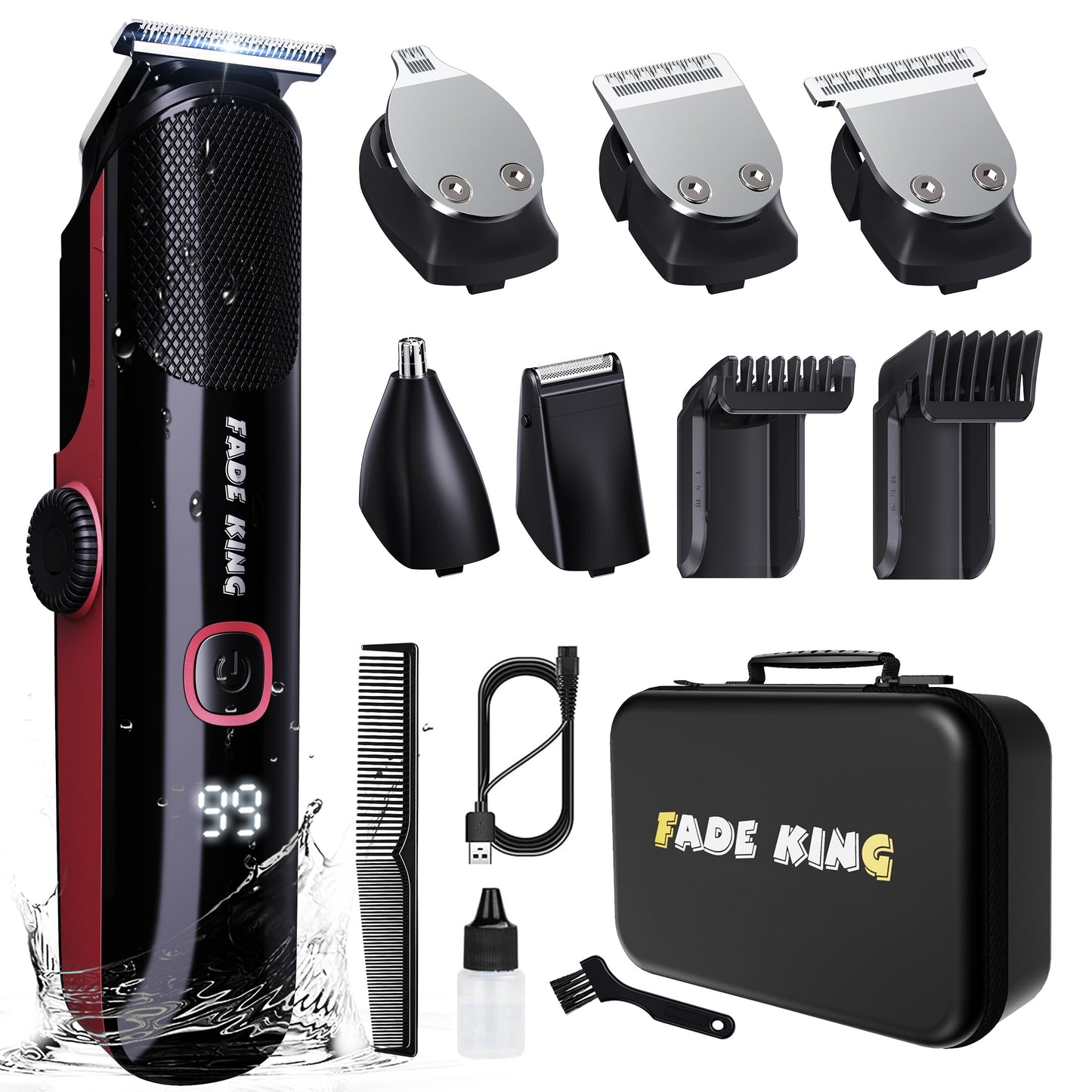 FADEKING Beard Trimmer for Men, Professional Hair Trimmer, Waterproof Electric Beard Trimmer Razor for Nose, Body, Face & Mustache, Cordless Hair Clippers, Grooming Gifts for Men (Red)