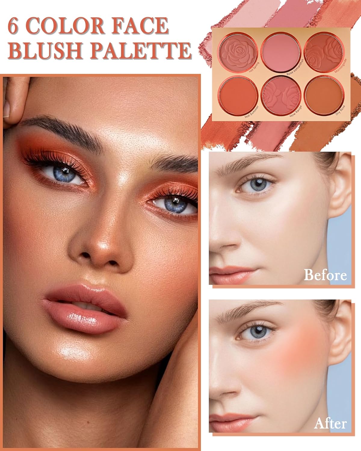 Matte Face Blush Palette - 6 Color High Pigment Mineral Blusher | Blendable Contour Powder for Long-Lasting Cheek Color