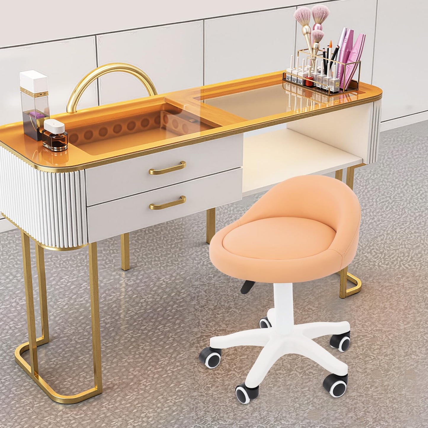 Titunjian Rolling Stool Chair with Backrest Round PU Leather Swivel Salon Stool Adjustable Height Drafting Tattoo Office Chair for Spa Salon Tattoo Massage Dental Office (Orange)