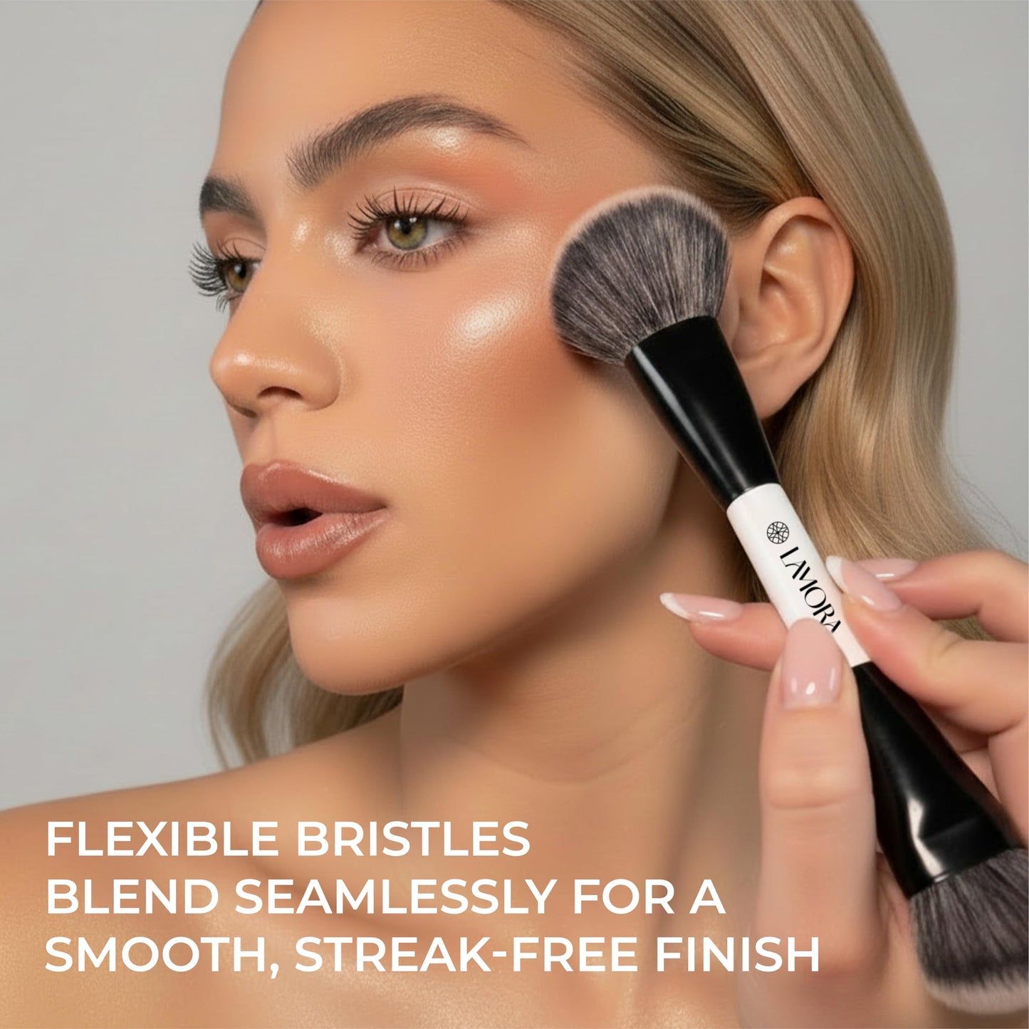 Lamora Liquid Bronzer + Contour Foundation Dual-Ended Makeup Brush - Full Face Duo Makeup Kabuki Brush for Cream or Liquid Blush Concealer Highlighter - Vegan, Cruelty-Free & Synthetic Bristles