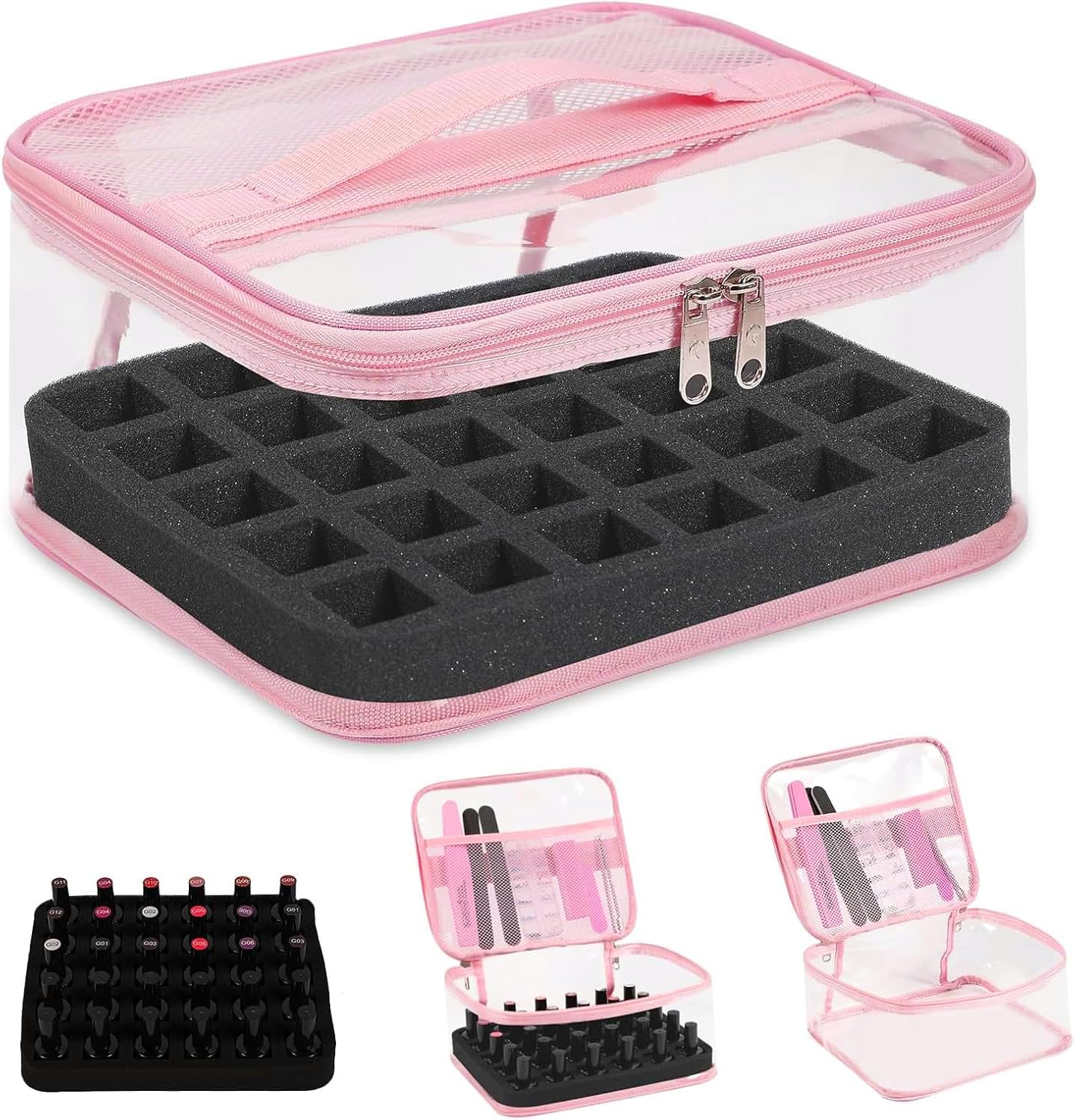 Clear Nail Polish Organizer - Holds 30 Bottles | Portable PVC Case with Manicure Tools Storage Sections
