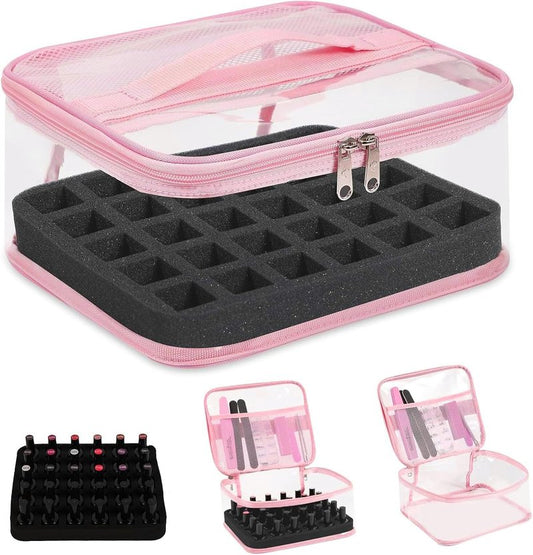 Clear Nail Polish Organizer - Holds 30 Bottles | Portable PVC Case with Manicure Tools Storage Sections