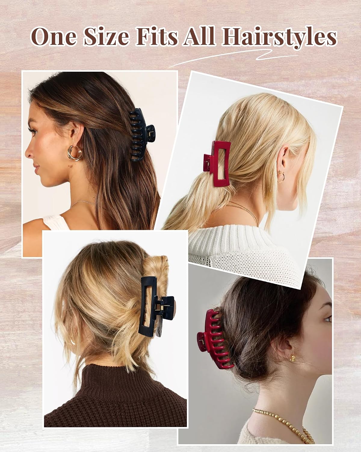 Silicone Flexible Hair Claw Clips - 4 Pack Nonslip Large Grip for Thin & Thick Hair | Black, Wine Red
