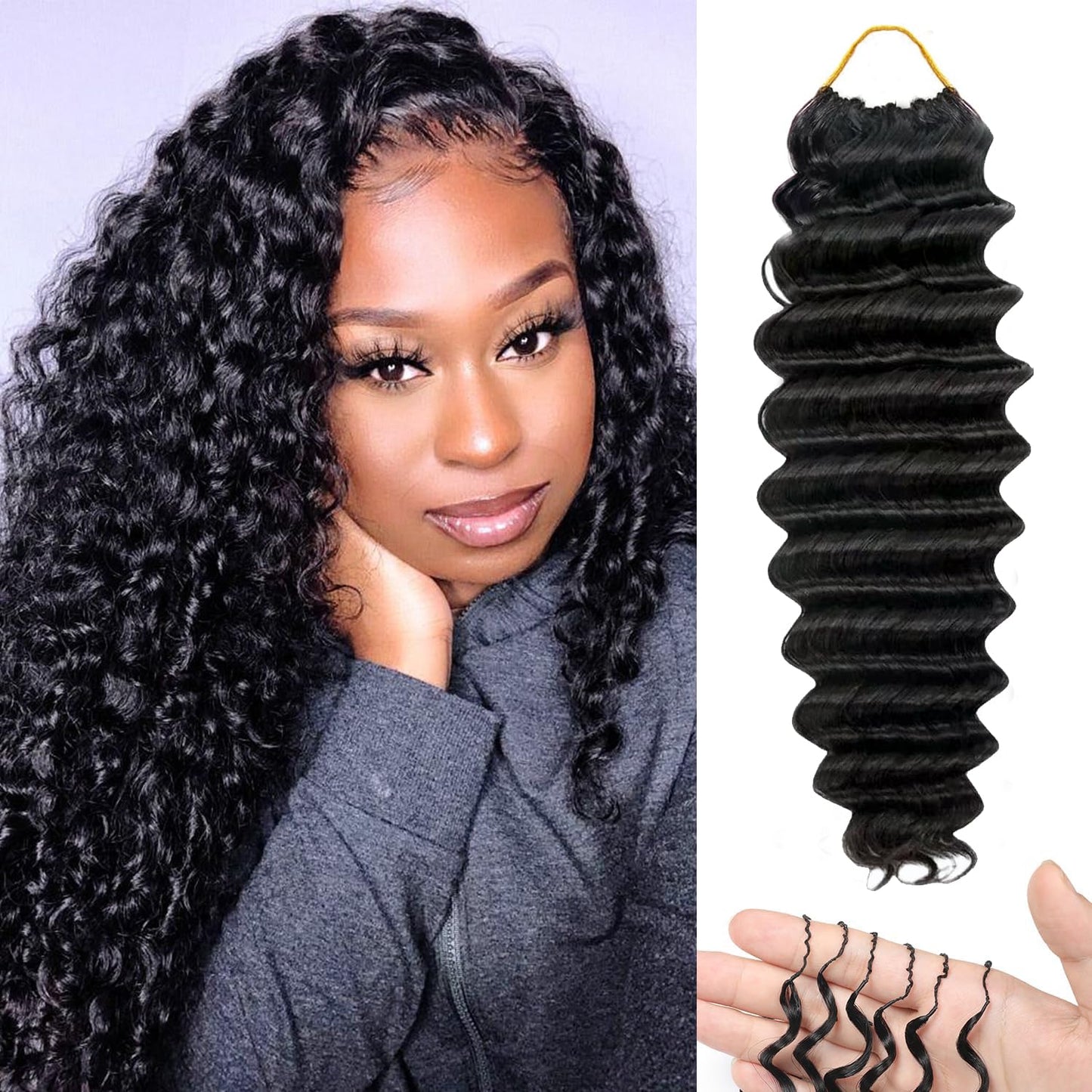 Human Crochet Hair for Black Women - 18" Deep Wave Extensions | Invisible Knots, Pre-Separated Bundles in Natural Color