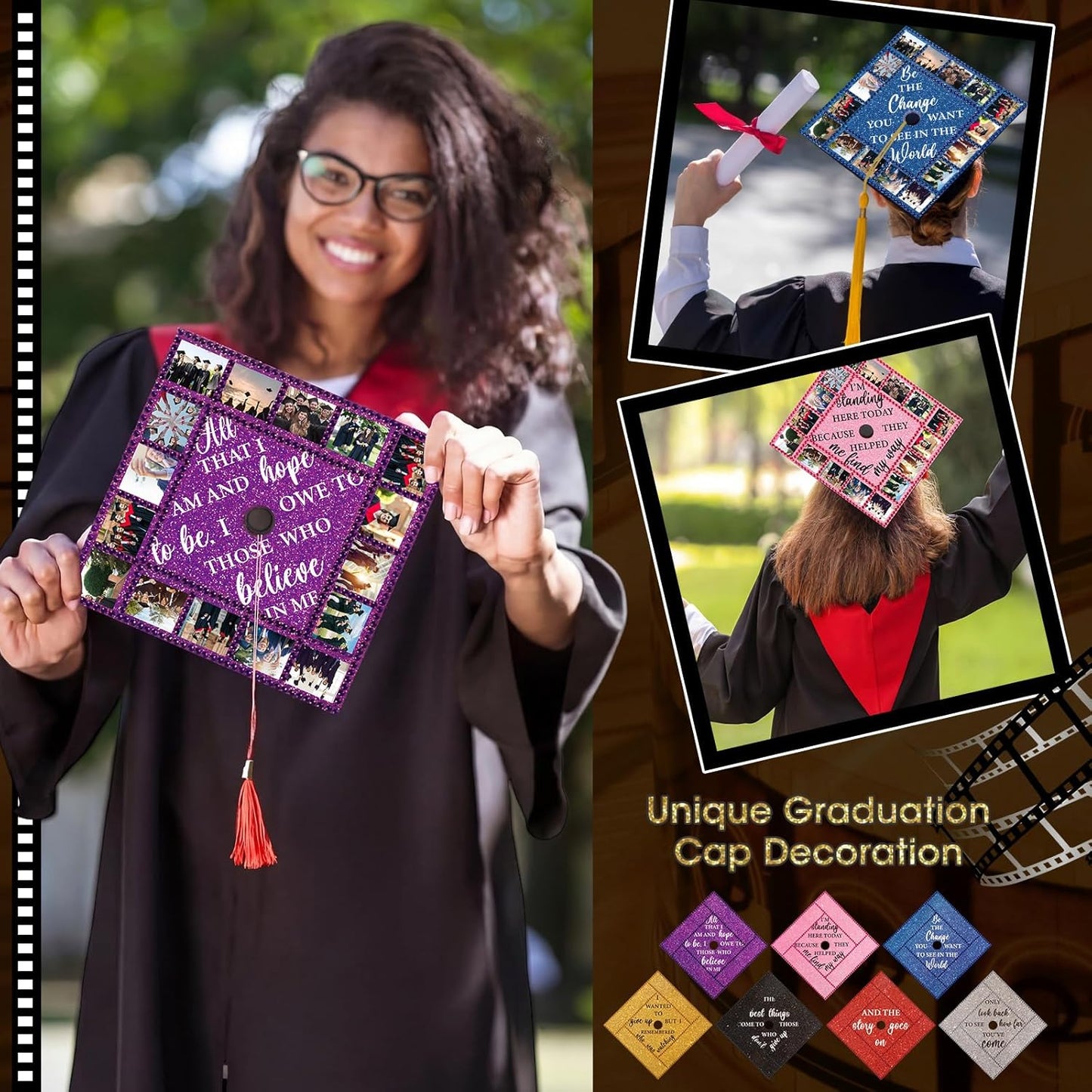 Personalized Graduation Cap Topper - 14 Pcs DIY Glitter Decorations | Includes 7 Pearl Stickers for 2026