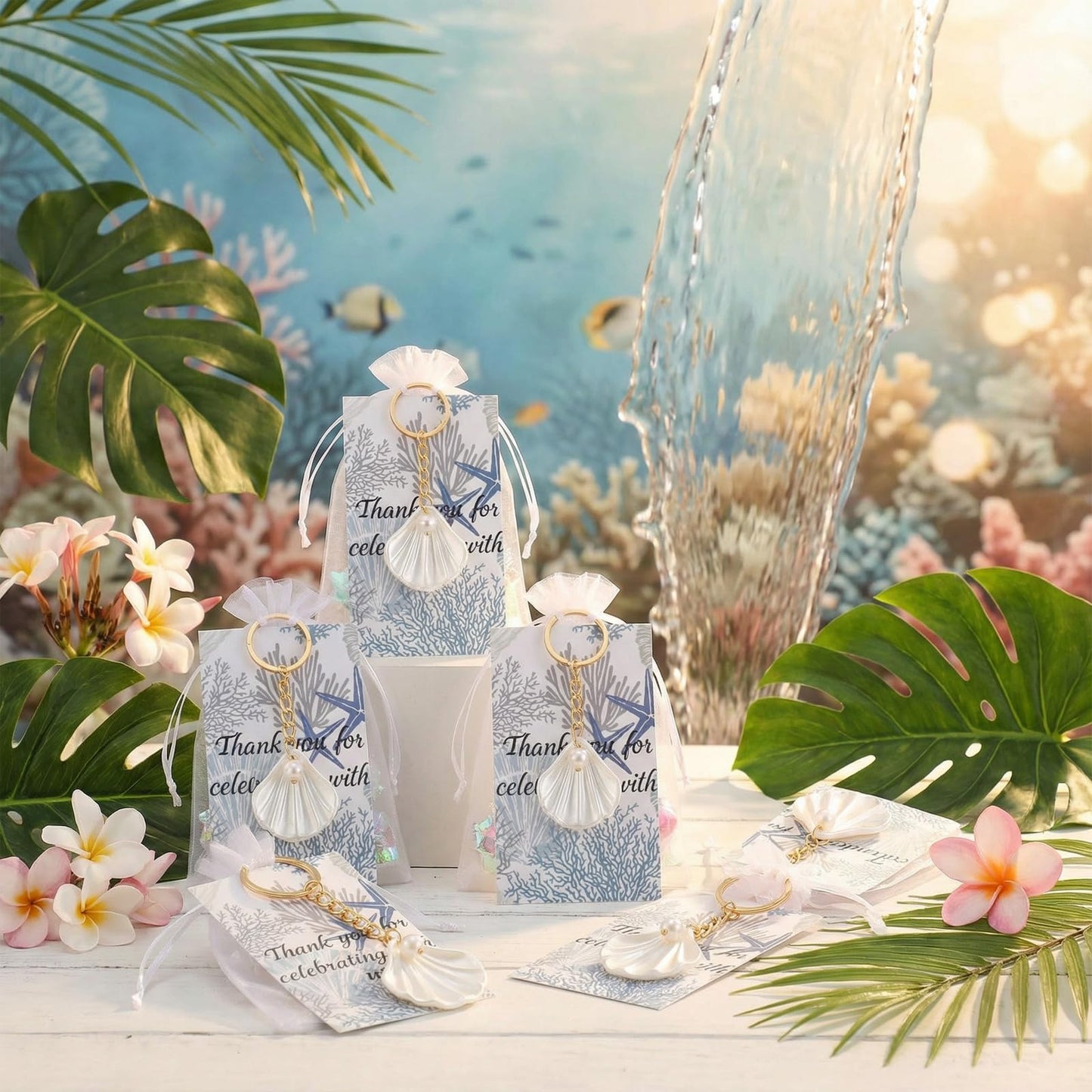Equsion 24 Sets Seashell Keychain Beach Party Favor Last Toast on The Coast Party Bulk Gift Beach Shell Charm and Pearl Gift with Organza Bag for Nautical Wedding Baby Shower Bridal Shower (White)