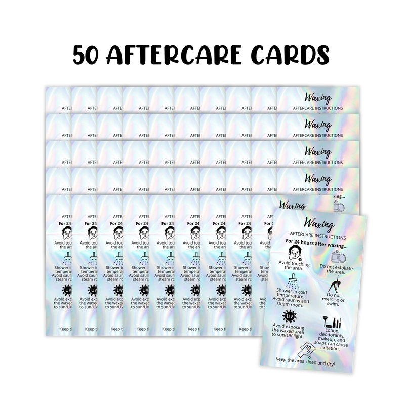 Waxing Aftercare Cards | 50 Pack | Size 2 x 3.5” inches Business Card Size | Waxing Aftercare Kit Cards PMU Matches Pre-Waxing Card | Aftercare Instructions Faux Holo Print Design