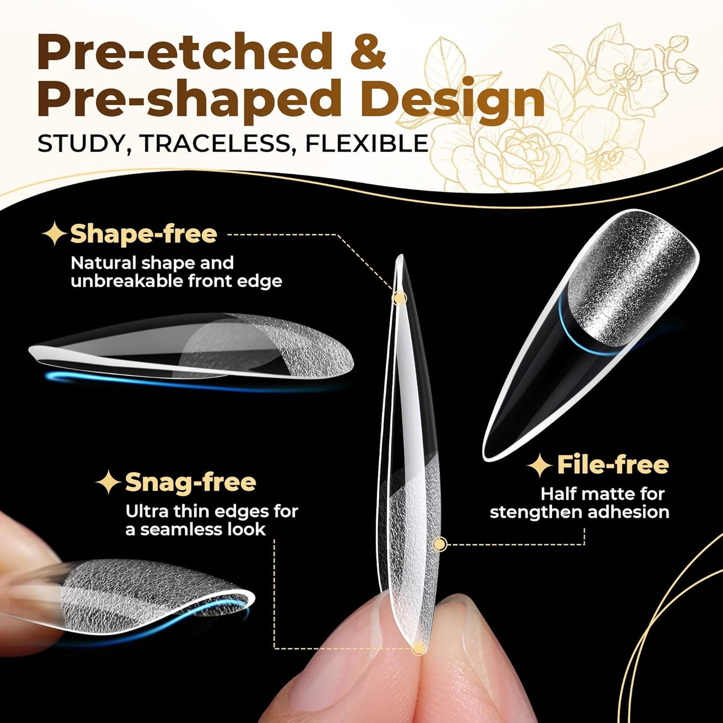 Long Stiletto Nail Tips - 504PCS Full Cover Pre-Etched Almond Clear Fake Nails | Sturdy Acrylic for DIY Extensions, 12 Sizes